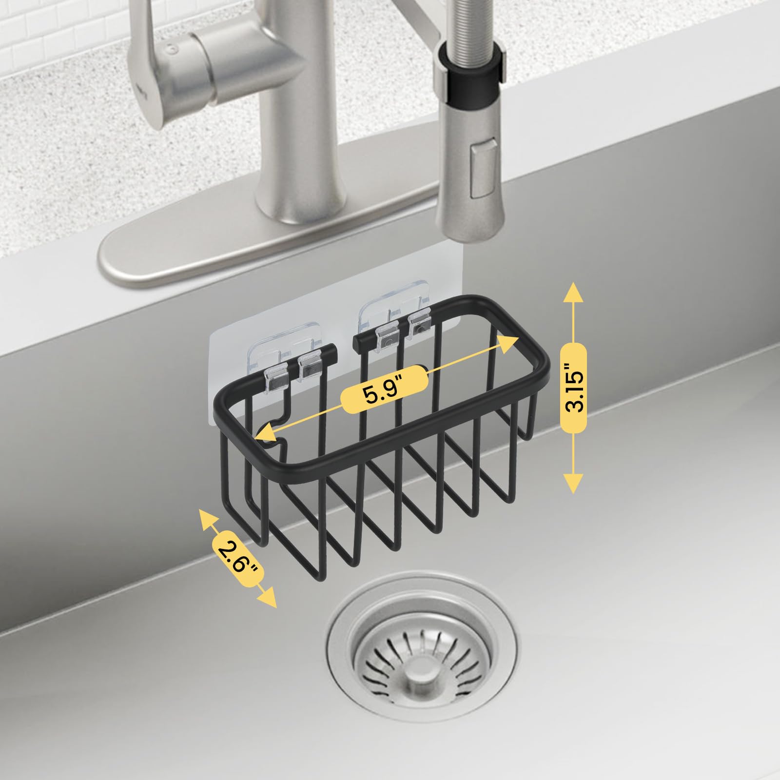 Stainless Steel Sponge Holder for Kitchen Sink - Strong Suction Cup & Adhesive Hooks - Sink Organizer Caddy for Sponges, Brushes, Soap - Perfect for Kitchen, Bathroom, RV (Black) | Durable & Rustproof Design for Daily Dishwashing & Cleaning