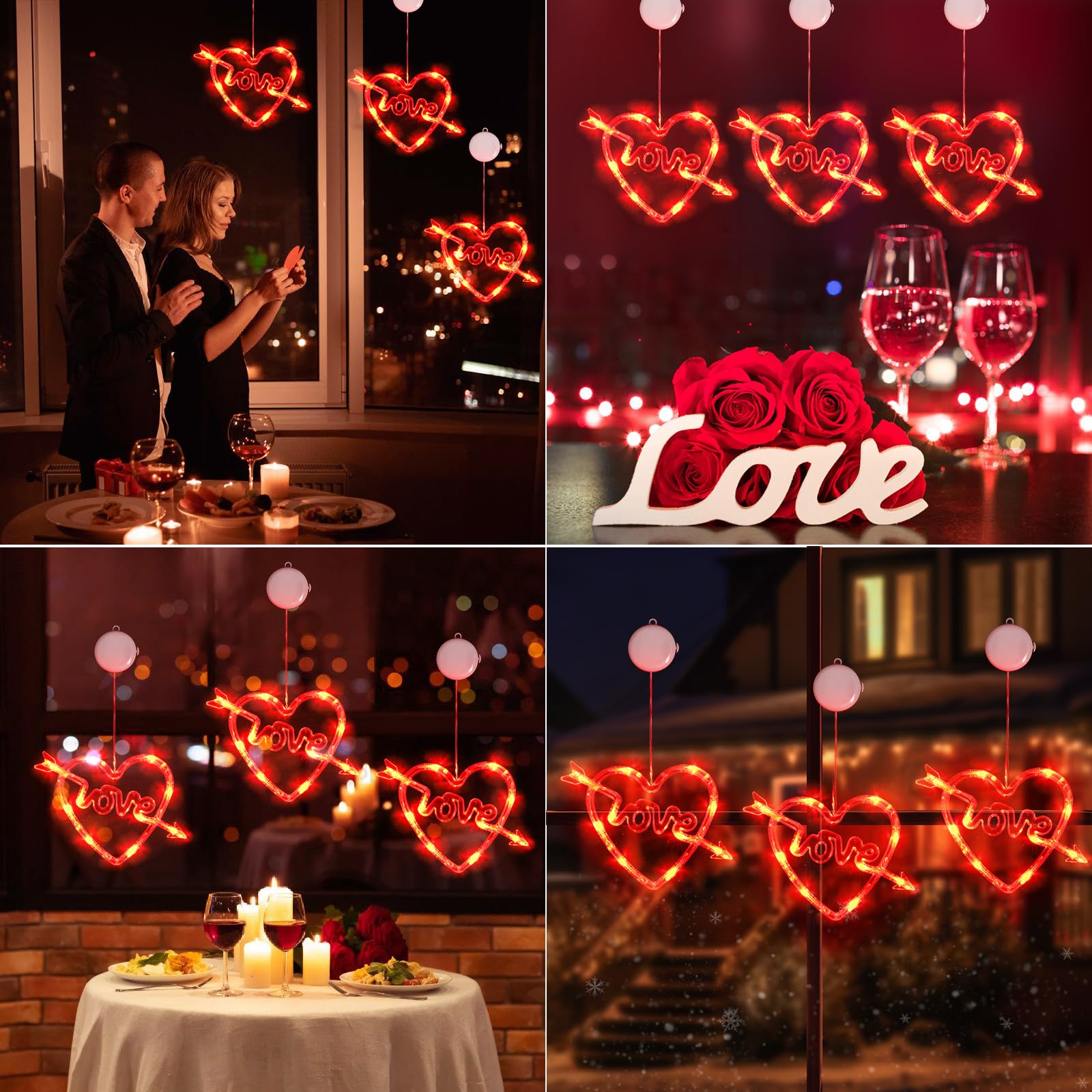 MUYUN Valentine's Day Window Lights Decorations - 3PCS Heart Shaped LED String Lights with Suction Cups, Timer & Battery Power for Home, Wedding, Anniversary - Romantic Indoor/Outdoor Decor for Bedroom, Living Room, Party