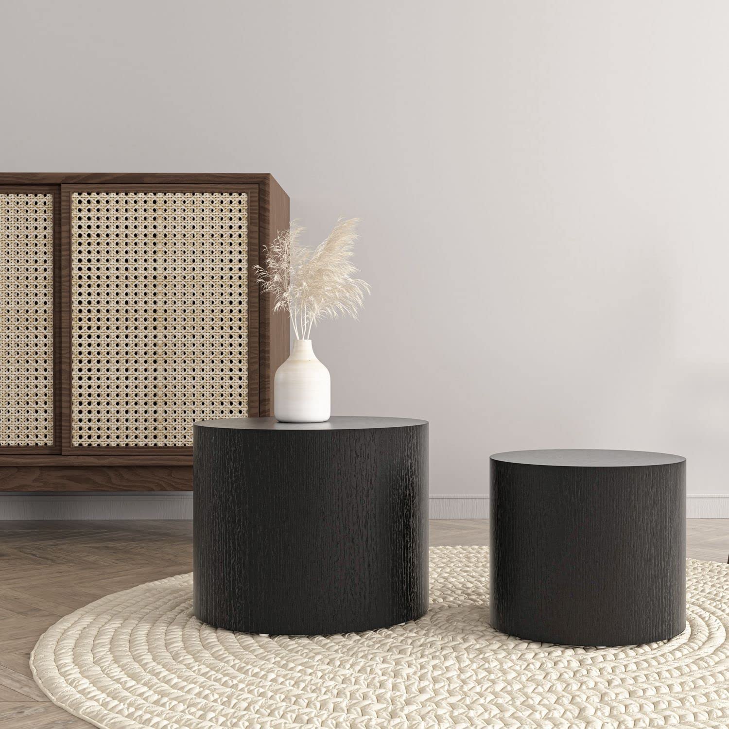 Modern Round Wooden Nesting Tables Set of 2 - Black Coffee & End Tables for Small Spaces | Perfect for Living Room, Bedroom & Office