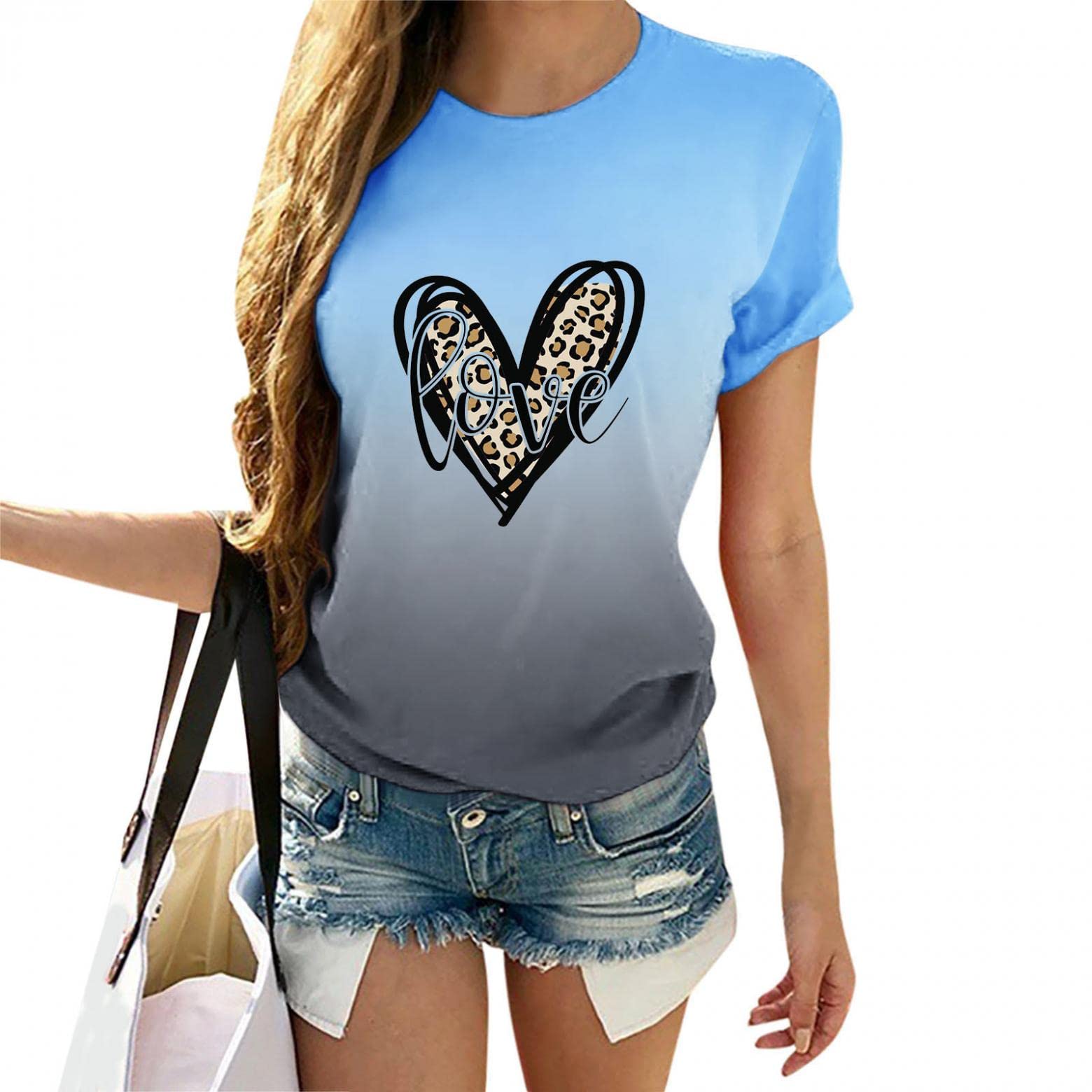 Women's Casual T-Shirt - Valentine's Day Leopard Heart Letter Printed Graphic Tee with Tie Dye Design | Perfect for Date Nights, Parties & Everyday Wear