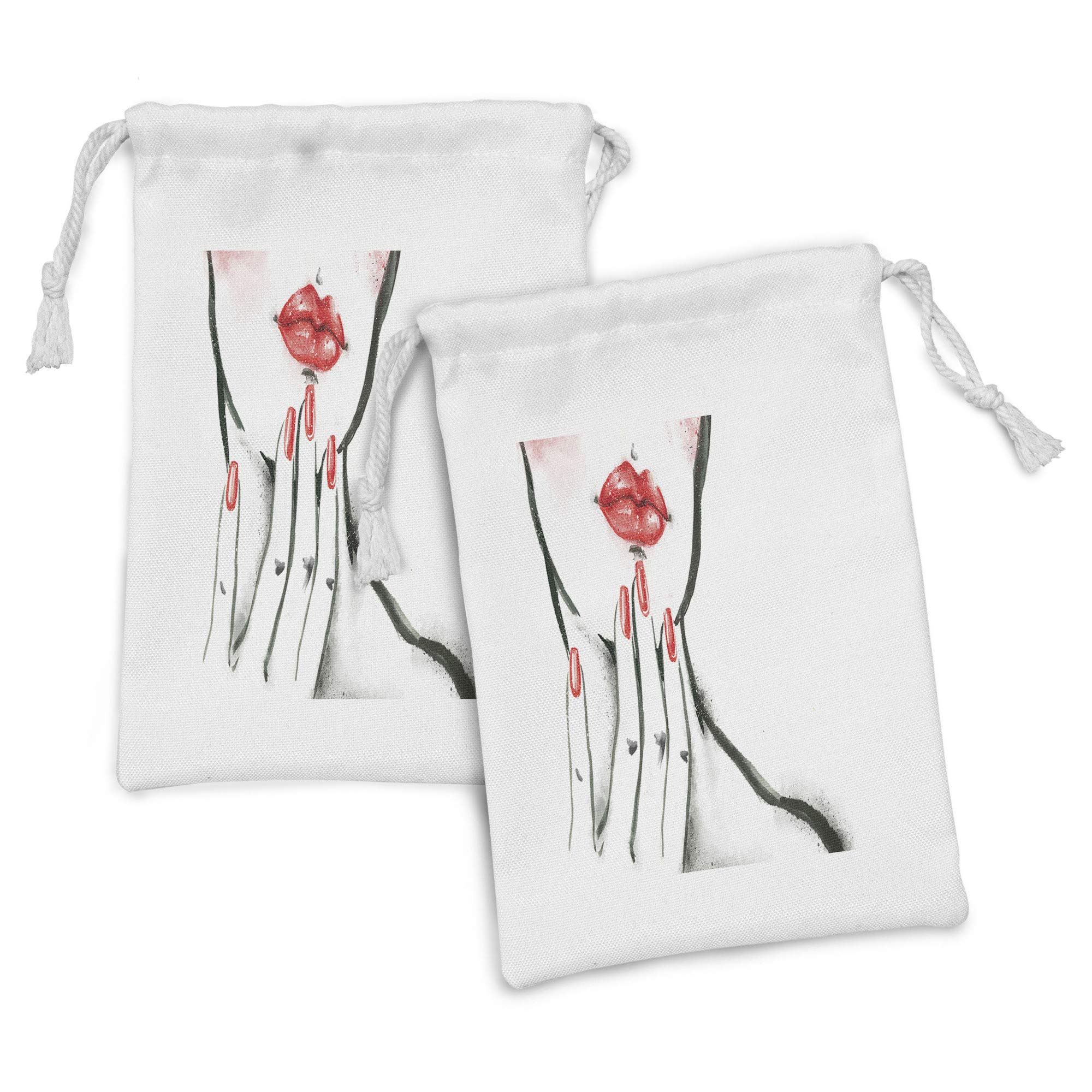 Ambesonne Lips Fabric Pouch Set of 2 - Small Drawstring Bags for Toiletries, Makeup, Jewelry & Travel Essentials | 9