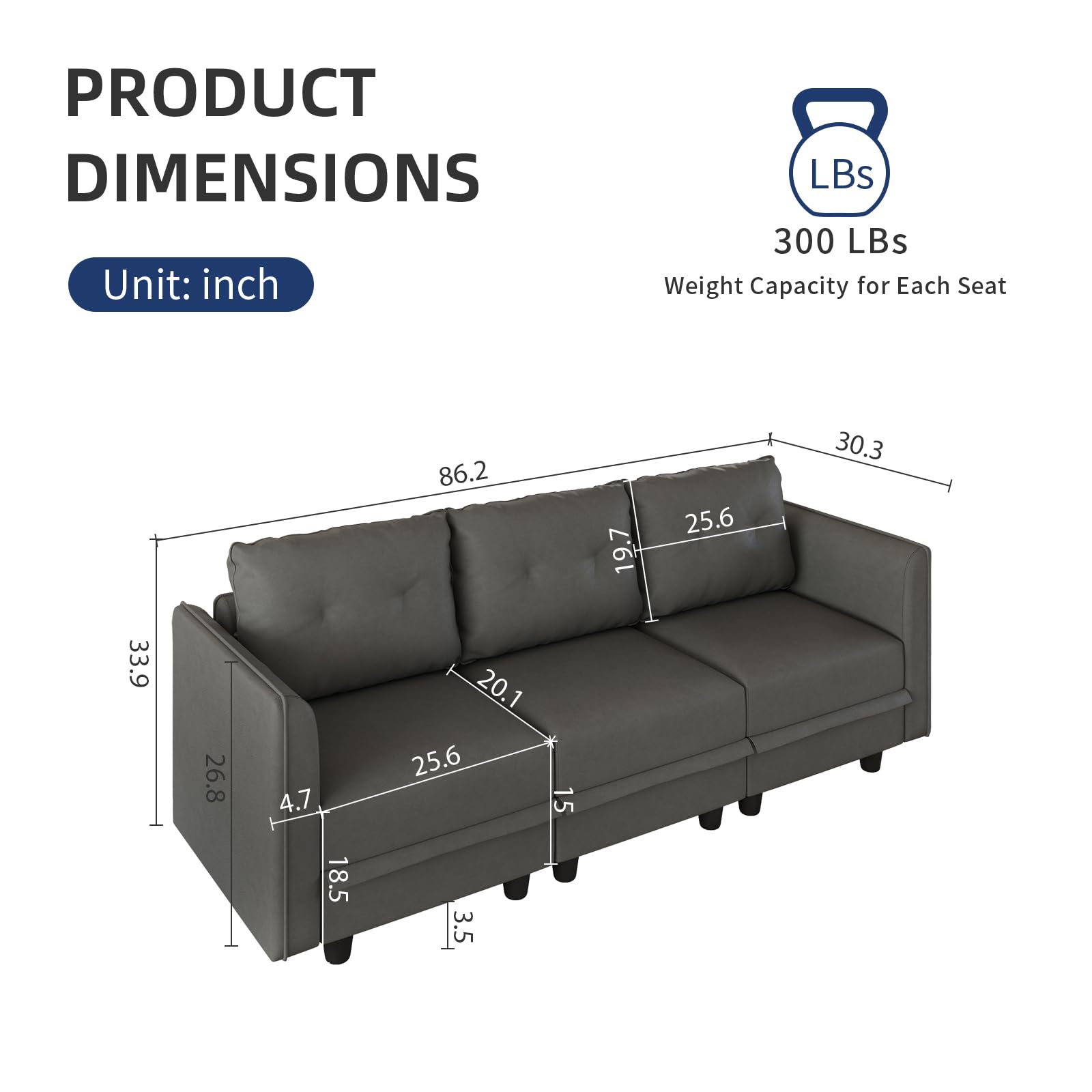 LLappuil 3-Seater Faux Leather Modular Sectional Sofa with Storage Seat - Modern Dark Grey Living Room Couch for Small Spaces & Apartments - Perfect for Studio Living Rooms, Home Theaters, and Cozy Family Gatherings