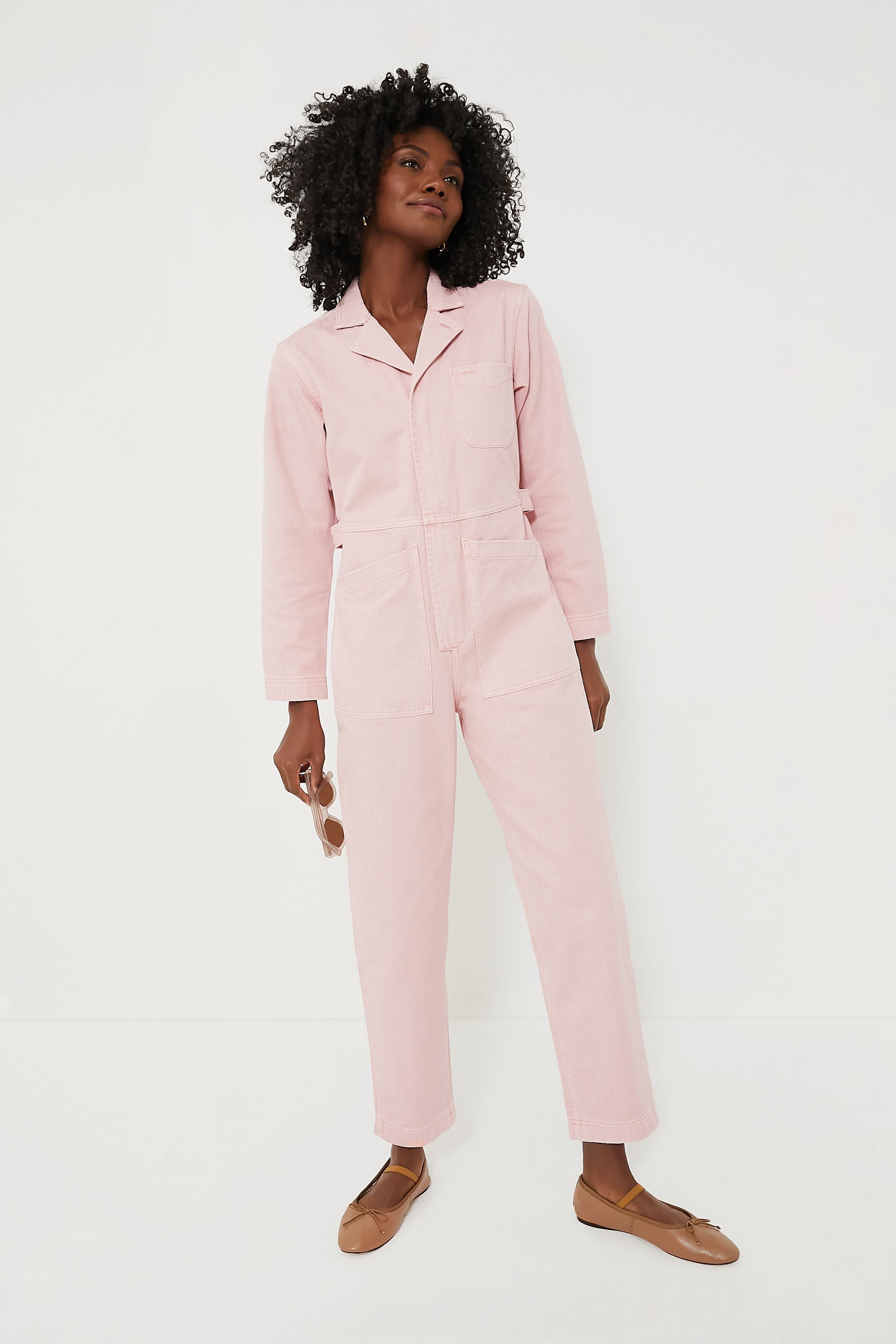 Blush Pink Herringbone Zip-Up Jumpsuit for Women | Casual & Elegant One-Piece Outfit | Perfect for Office, Date Night & Weekend Outings