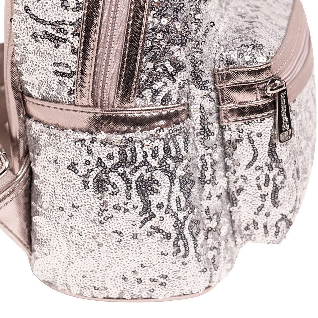 Loungefly Disney Minnie Mouse Silver & Pink Sequin Mini Backpack WDBK0645 - Rose Gold Glam for Women | Perfect for Theme Parks, Cosplay & Everyday Fashion