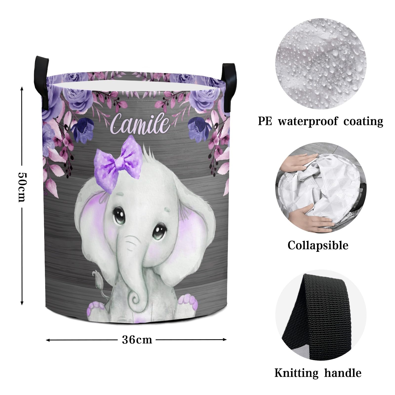 Personalized Purple Cute Elephant Laundry Basket - Waterproof Foldable Clothes Hamper with Handle for Kids Room, Nursery & Toy Storage | Perfect for Baby Clothes, Toys & Home Organization