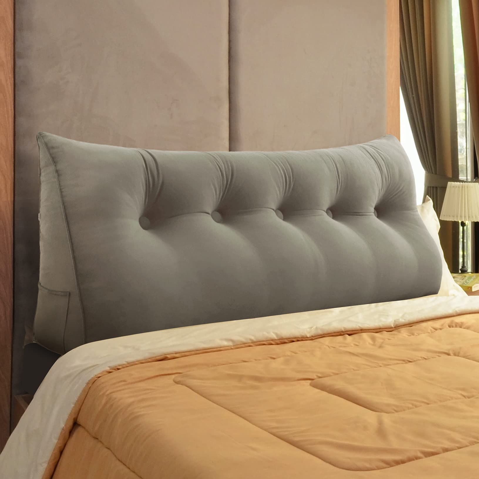 Ergonomi Headboard Pillow for Full Size Bed - Soft Velvet Upholstered Backrest Cushion, No Assembly Needed, Portable Dorm Room Headboard (100% Cotton, Beige-Gray) - Perfect for Bedroom, Dorm, Reading Nook & Back Support While Sitting in Bed