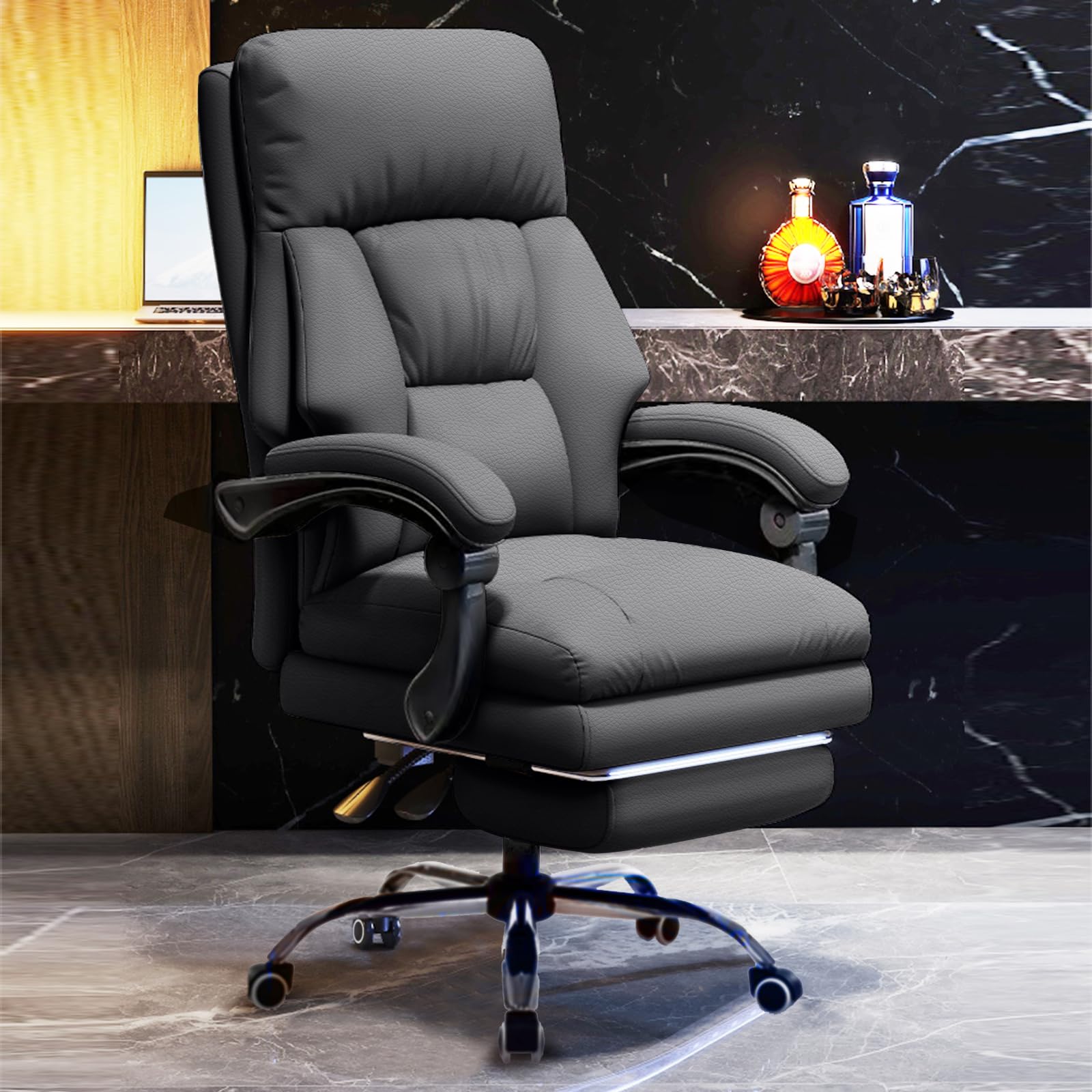 Premium Executive Office Chair with Adjustable Footrest - High Back Ergonomic Computer & Gaming Chair - PU Leather Home Office Desk Chair for Big and Tall - Grey - Perfect for Long Work Hours & Gaming Sessions