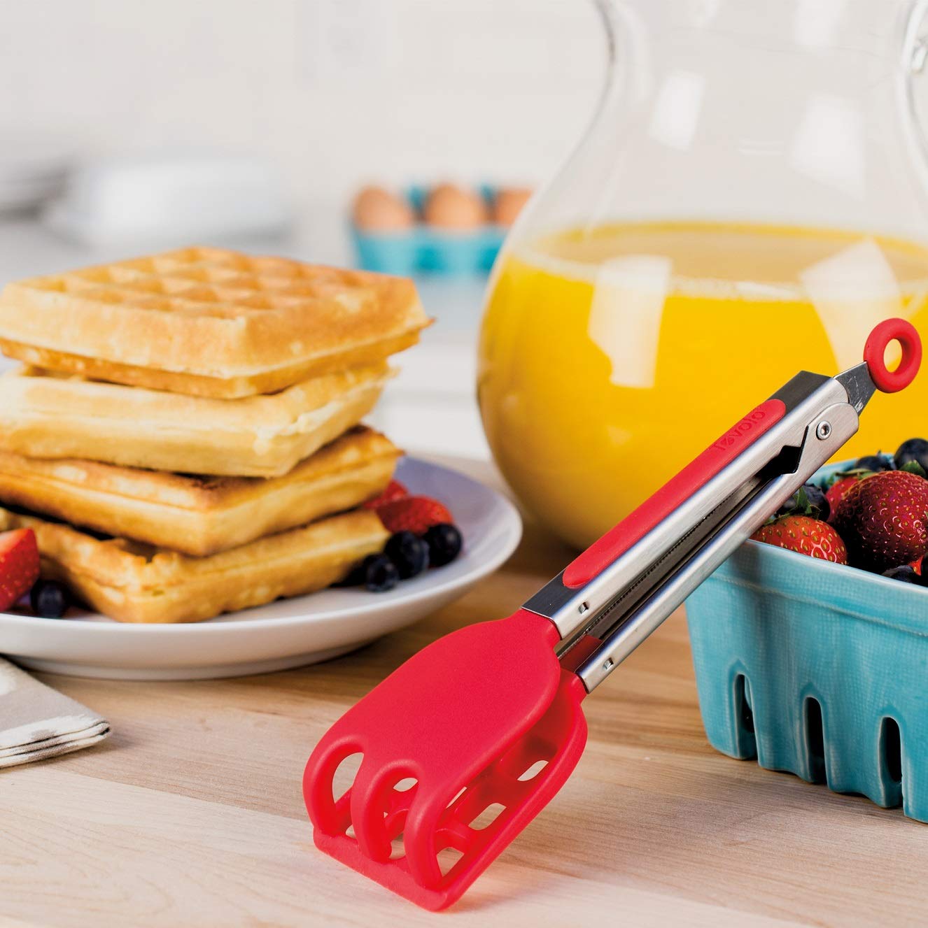 Non-Slip Mini Easy-Grip Waffle Tongs - Red Silicone Handle (1pc) - Perfect for Breakfast, Pancake Flipping & Serving Waffles