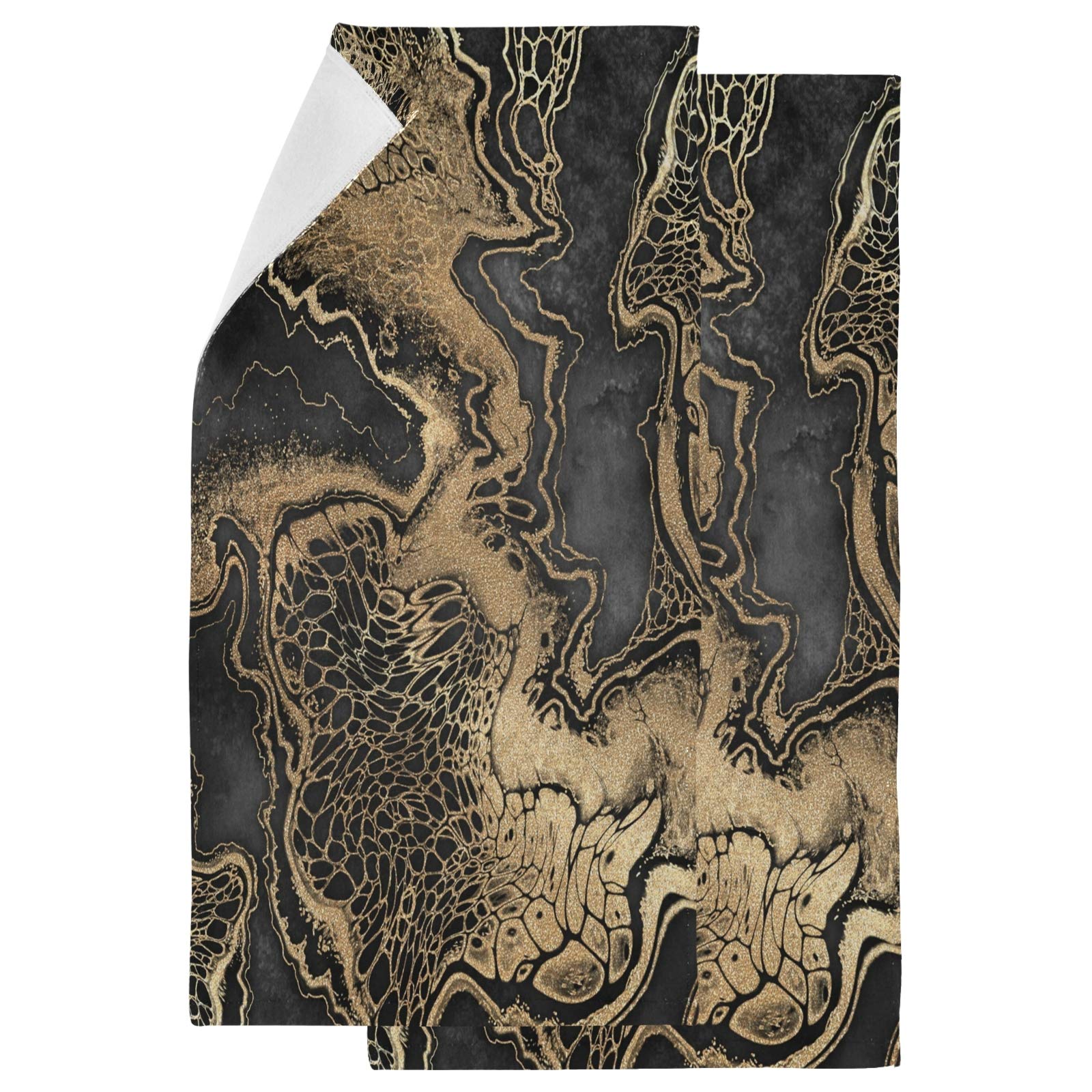 Premium 3D Black Gold Marble Printed Soft Fluffy Guest Towels Set of 2 - Luxury Bathroom, Hotel & Spa Hand Towels (14