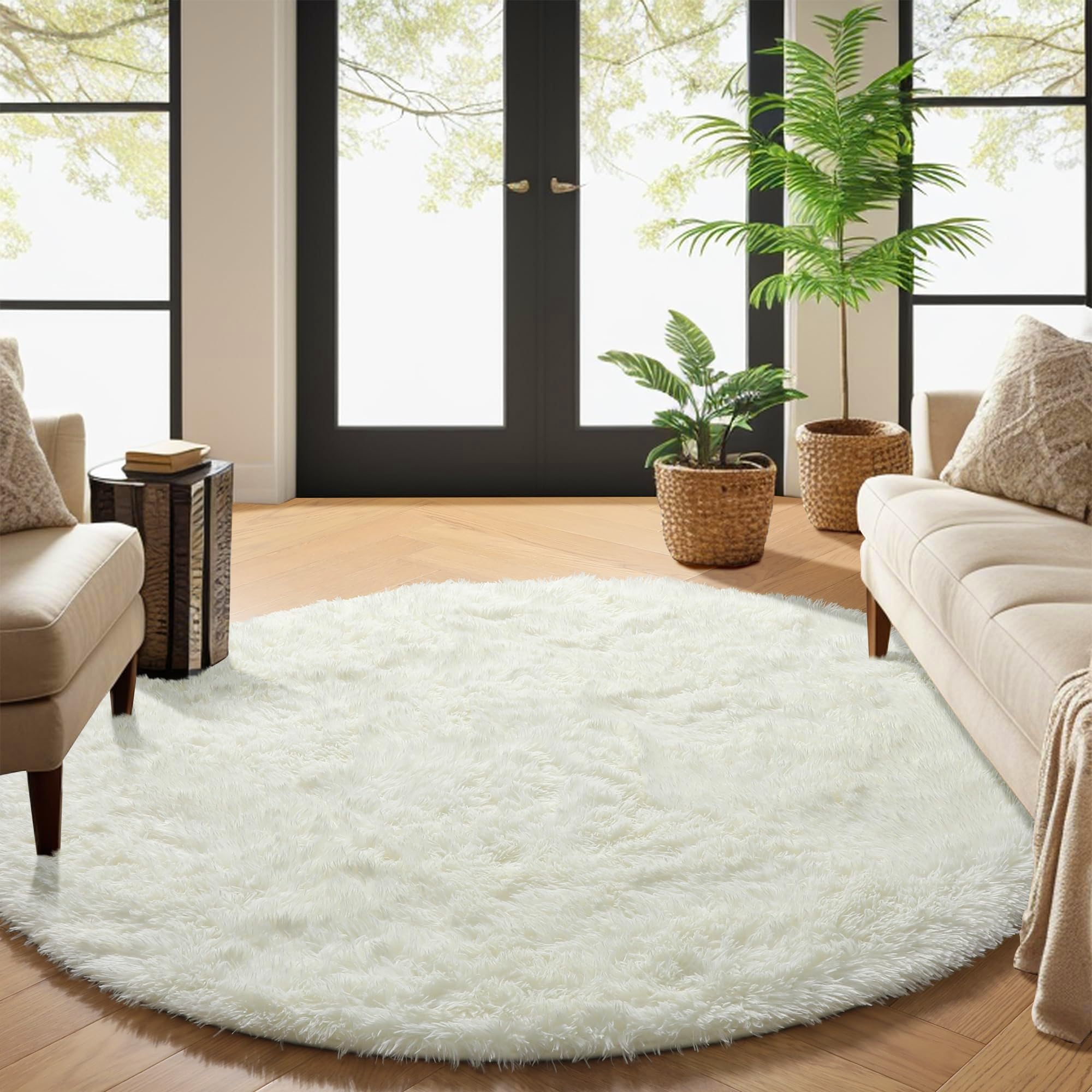 PAGISOFE 5Ft Round Fluffy Shaggy Rug - Cream White Ivory Soft Furry Carpet for Kids Bedroom, Nursery, Playroom - Non-Slip Comfy Circular Rug for Reading Nook, Teepee Area, Aesthetic Home Decor