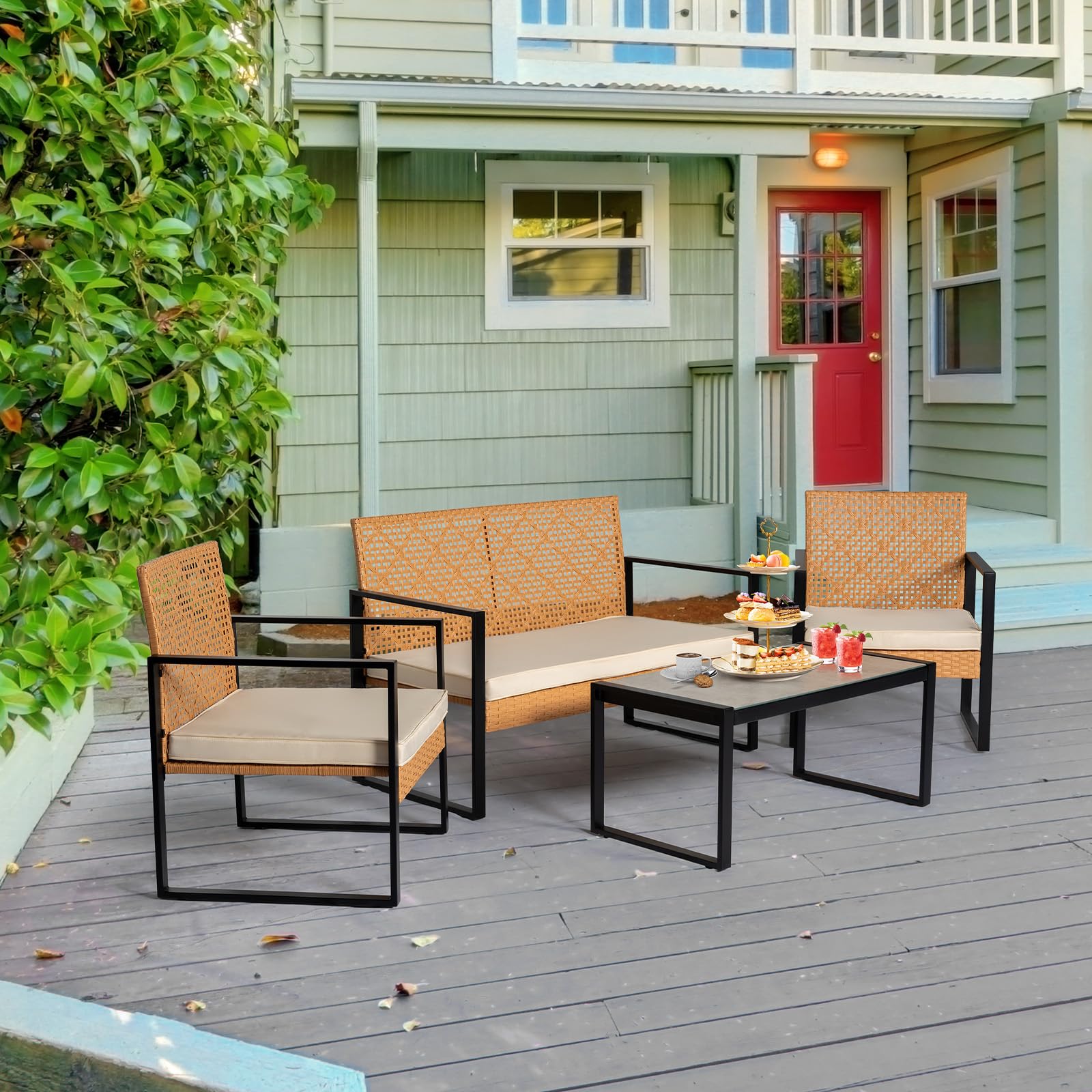 PROHIKER 4-Piece Outdoor Patio Furniture Set - All-Weather Wicker Conversation Set with Cushions & Glass Table - Perfect for Porch, Yard, Poolside, Backyard & Garden Relaxation
