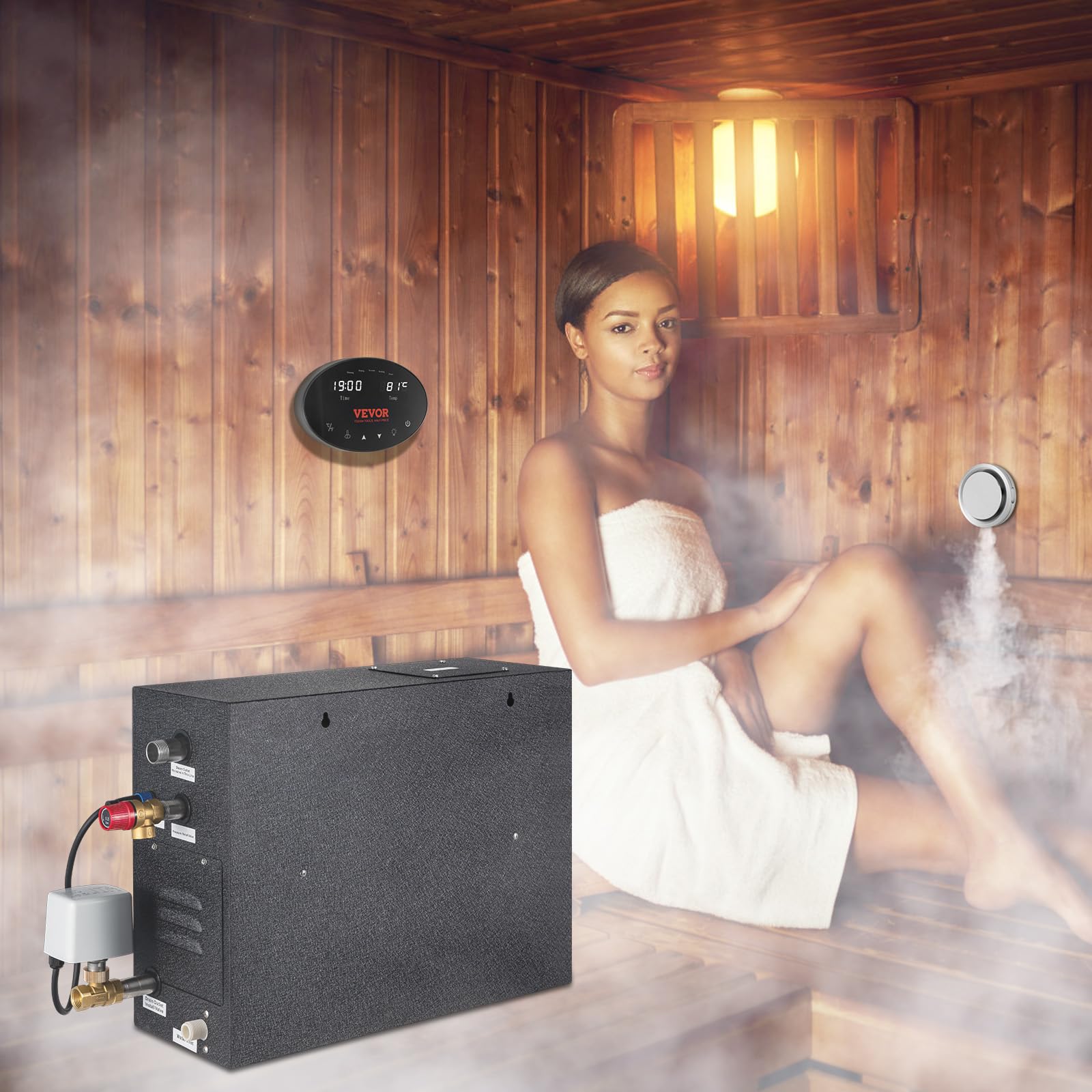 VEVOR 12KW Steam Shower Generator with Segmented Heating, Temperature Control & 24-Hour Timer - Automatic Drainage Home Spa System for Relaxation & Wellness