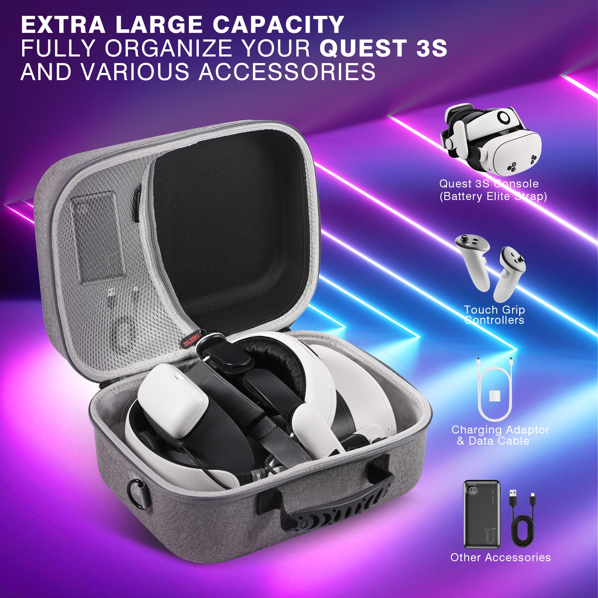 BOBOVR S3 PRO Elite Head Strap & Large Carrying Case for Meta Quest 3/3S with Battery Strap - Protective Storage Bag for Oculus Headset, Controllers, Adapter & VR Accessories - Perfect for Travel, Gaming & VR Storage