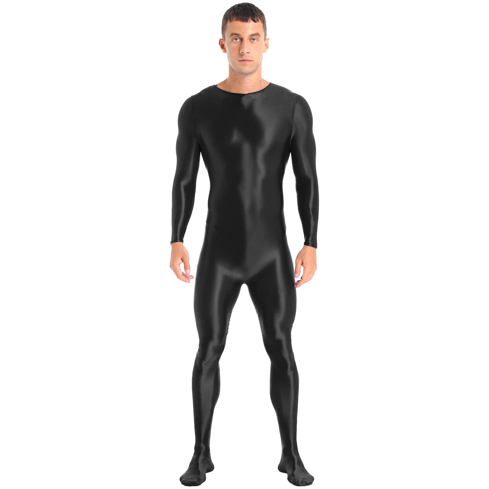 Men's Shiny One-Piece Swimsuit with Long Sleeves & Zipper - Bodystocking Teddy Lingerie for Nightwear, Beach & Pool Party