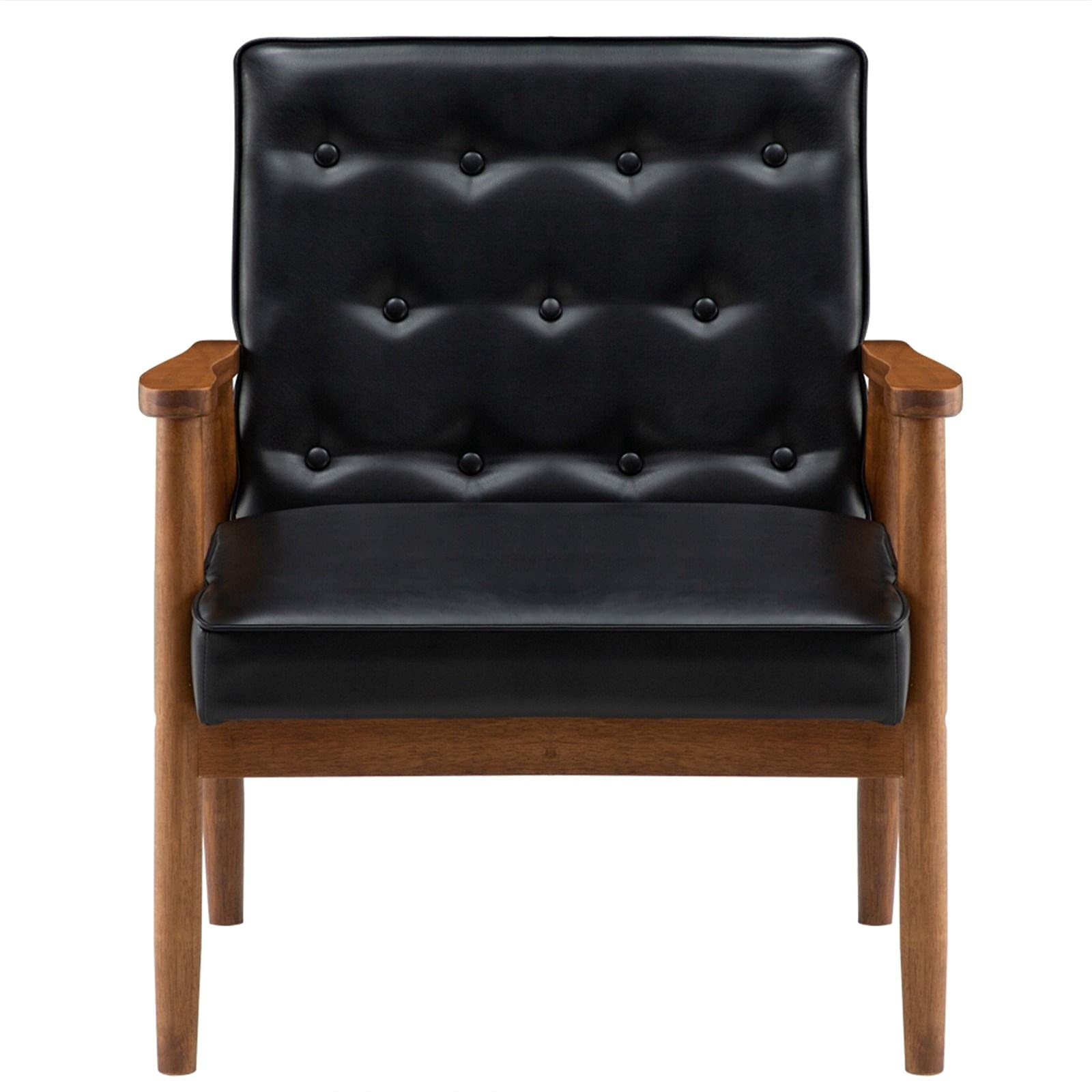 Mid-Century Modern Black PU Accent Armchair - Upholstered Wood Frame Lounge Chair for Living Room, Bedroom & Office - Stylish Comfortable Seating for Home Decor