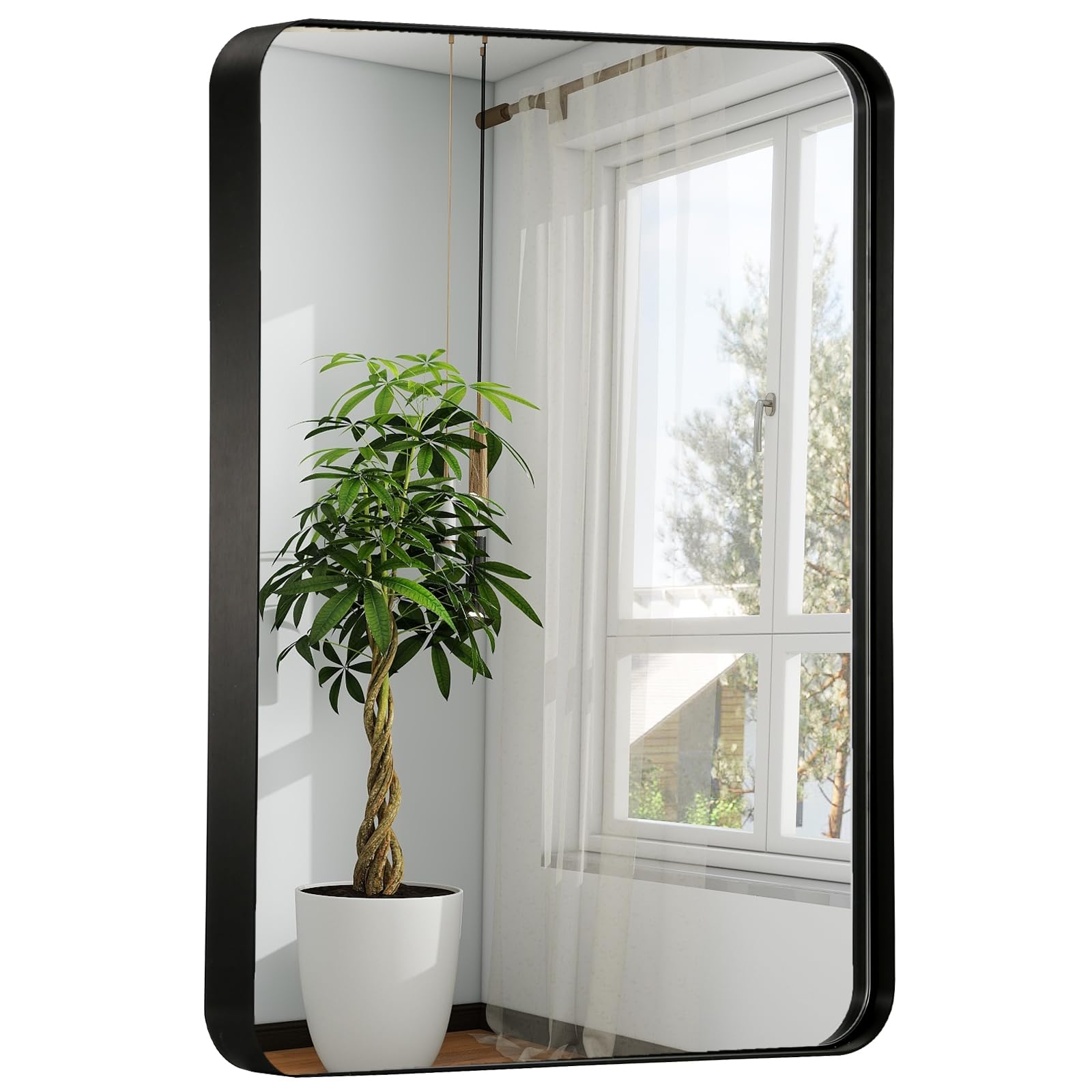 22x30 Inch Black Framed Bathroom Mirror - Brushed Metal Rectangle Mirror with Rounded Corners - Elegant Vanity Mirror for Bedroom, Living Room or Bathroom - Perfect for Makeup, Grooming & Home Decor (Horizontal/Vertical Mounting)