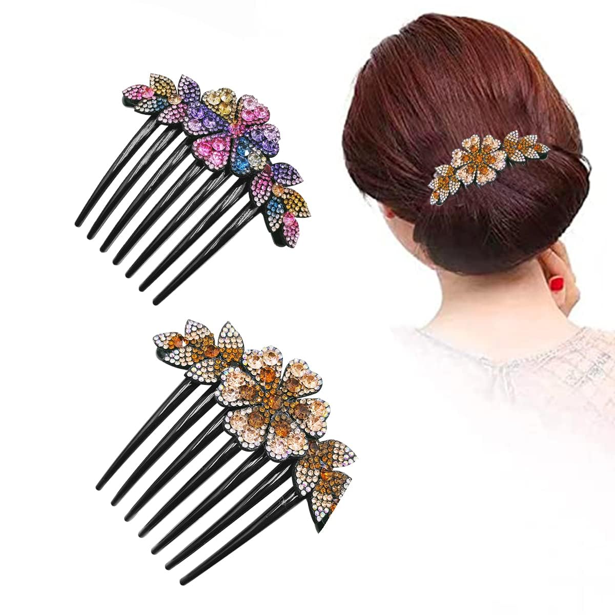 Fashion Alley 2 Pack Rhinestone Flower Hair Clips for Women - Elegant Slide Hairpins for Bridal Buns, Updos & Everyday Styling - Hair Accessories for Weddings, Parties & Office Looks