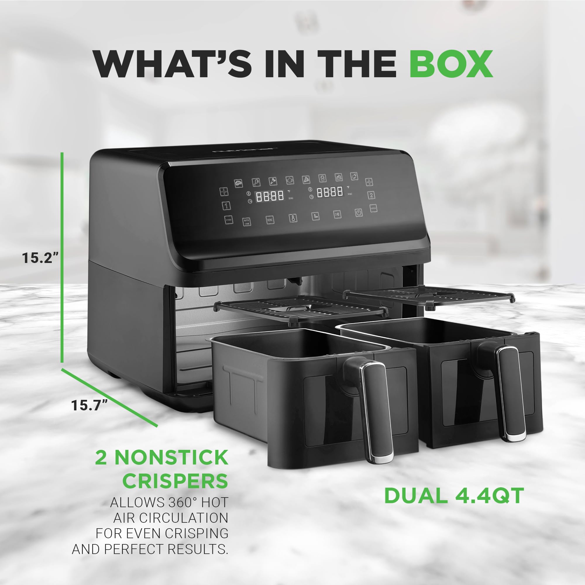 Nutrichef 8.8 QT Double Basket Air Fryer - Large Family Size Oil Free Air Fryer with View Window, 9 Preset Cooking Functions & 360° Hot Air Circulation - Perfect for Healthy Frying, Baking, Roasting (4.4 QT per Basket, Black) - Ideal for Family Meals, Party Snacks & Quick Weeknight Dinners
