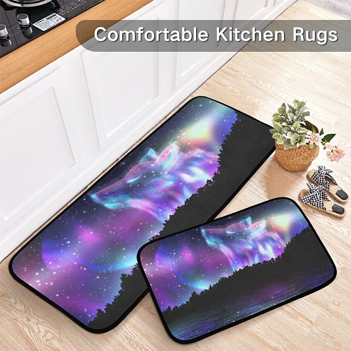 Wolf Aurora Borealis Non-Slip Washable Kitchen Rugs Set of 2 - Anti-Skid Floor Mats for Kitchen, Living Room & Home Decor | Perfect for High-Traffic Areas & Pet-Friendly Homes