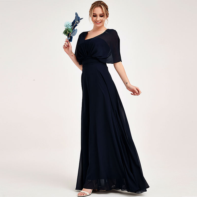 Elegant Dark Navy Convertible Chiffon Bridesmaid Dress - Wrap Style Floor Length Gown for Weddings, Prom & Formal Events