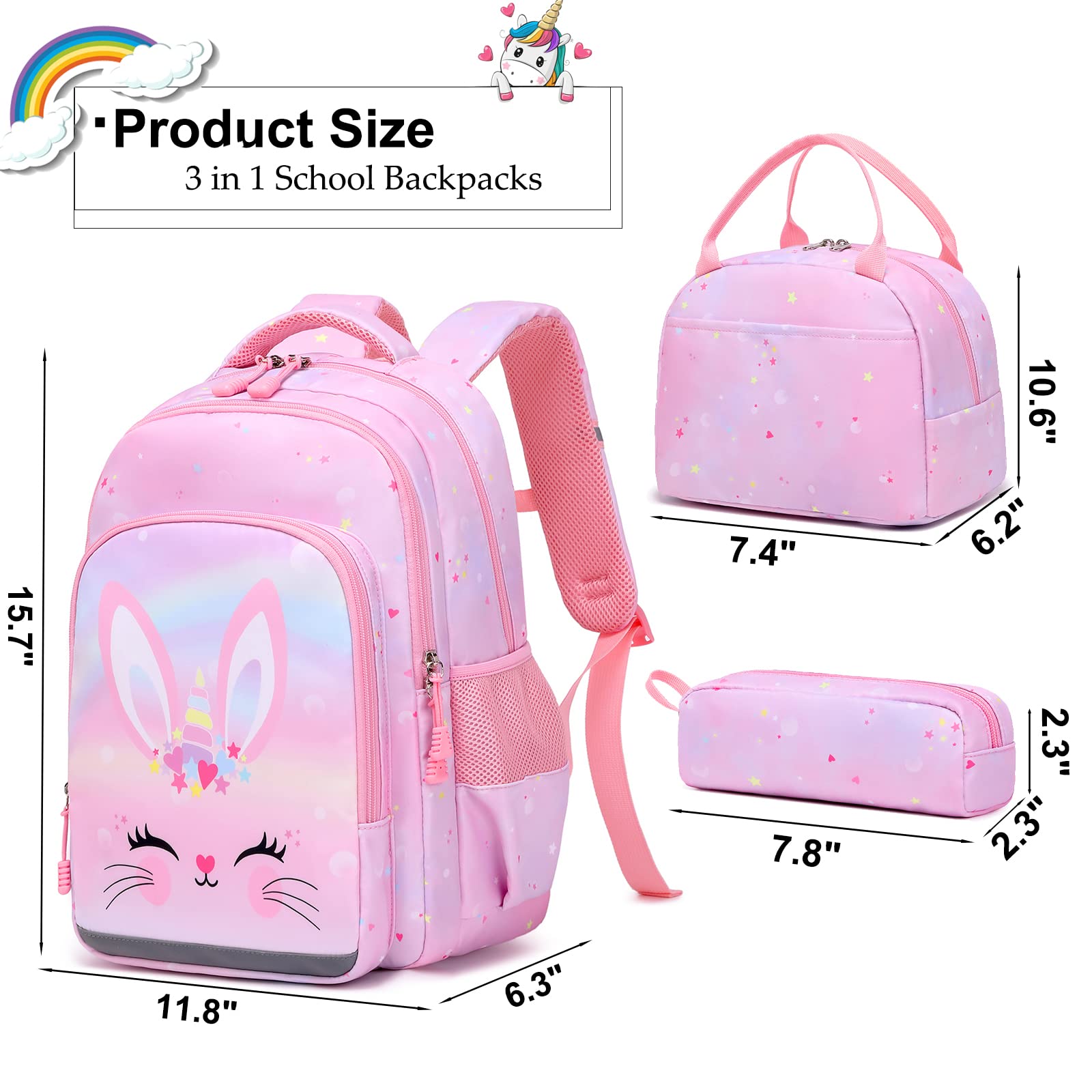 Unicorn Backpack for Girls - 3-in-1 School Bookbag Set with Pencil Case & Lunch Box | Cute Elementary Backpack for Kids | Perfect for School, Travel & Daily Use