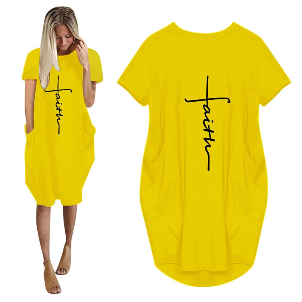 FORHVIPS Women's Faith Oversized Baggy Pocket Dress - Crew Neck Short Sleeve Casual T-Shirt Dress for Summer, Travel & Everyday Wear