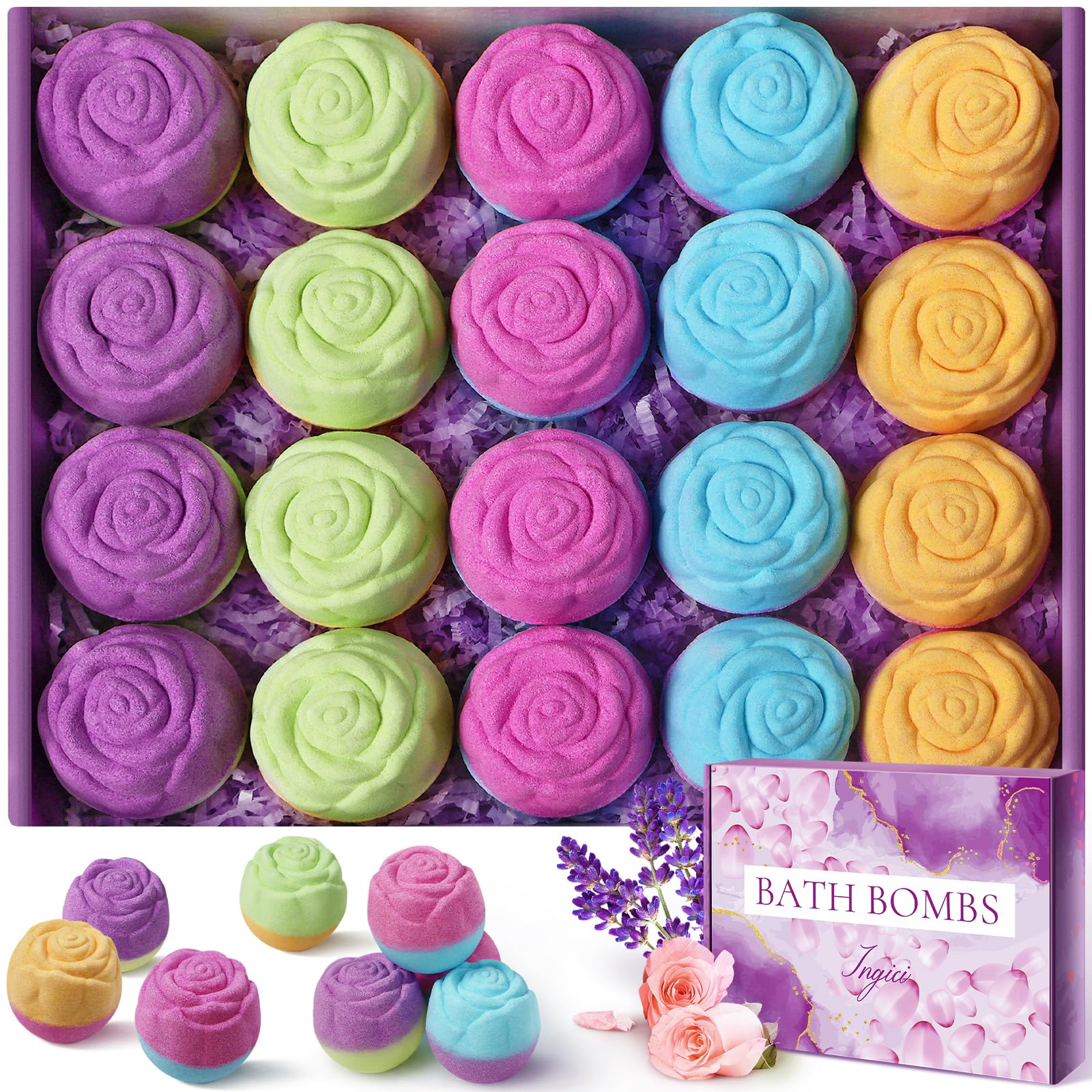 20 Pcs Handmade Rose Bath Bombs with Natural Essential Oils - Relaxing Home Spa Fizzies for Women, Bubble Bath Gift Set for Mom, Wife, Birthday & Self Care - Perfect for Stress Relief & Romantic Soaks