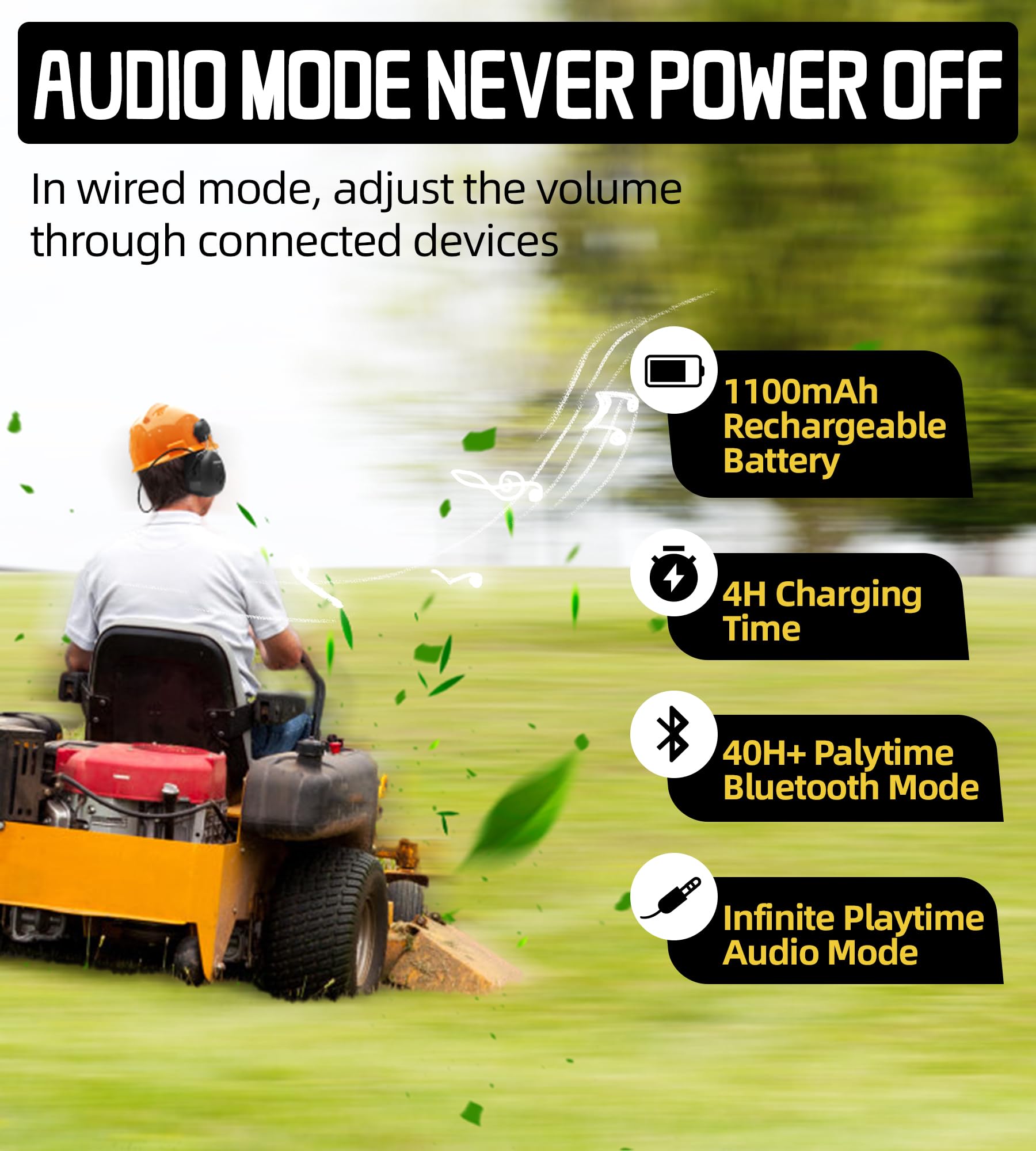 PROHEAR 037BR04 Bluetooth Hearing Protection Headphones - 40H Playtime, Noise Cancelling for Construction, Mowing & DIY - Compatible with 3M H-700 & DEWALT Hard Hats (Black) - Perfect for Job Sites, Landscaping & Woodworking Safety
