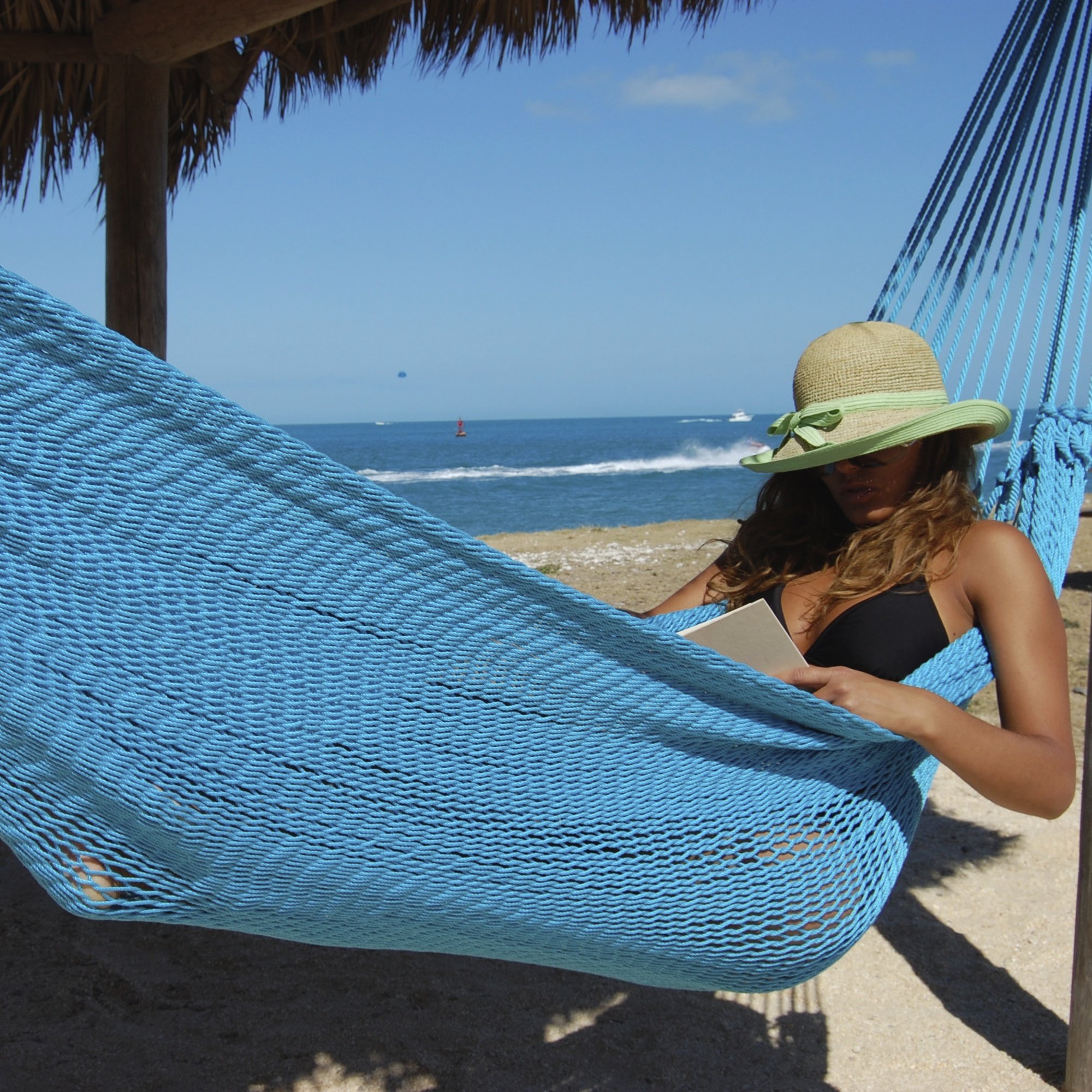 Premium Double Mayan Hammock - Light Blue Cotton Rope Hammock for Outdoor, Patio, Backyard & Beach Relaxation - Durable & Comfortable Hanging Bed for Garden, Camping & Vacation