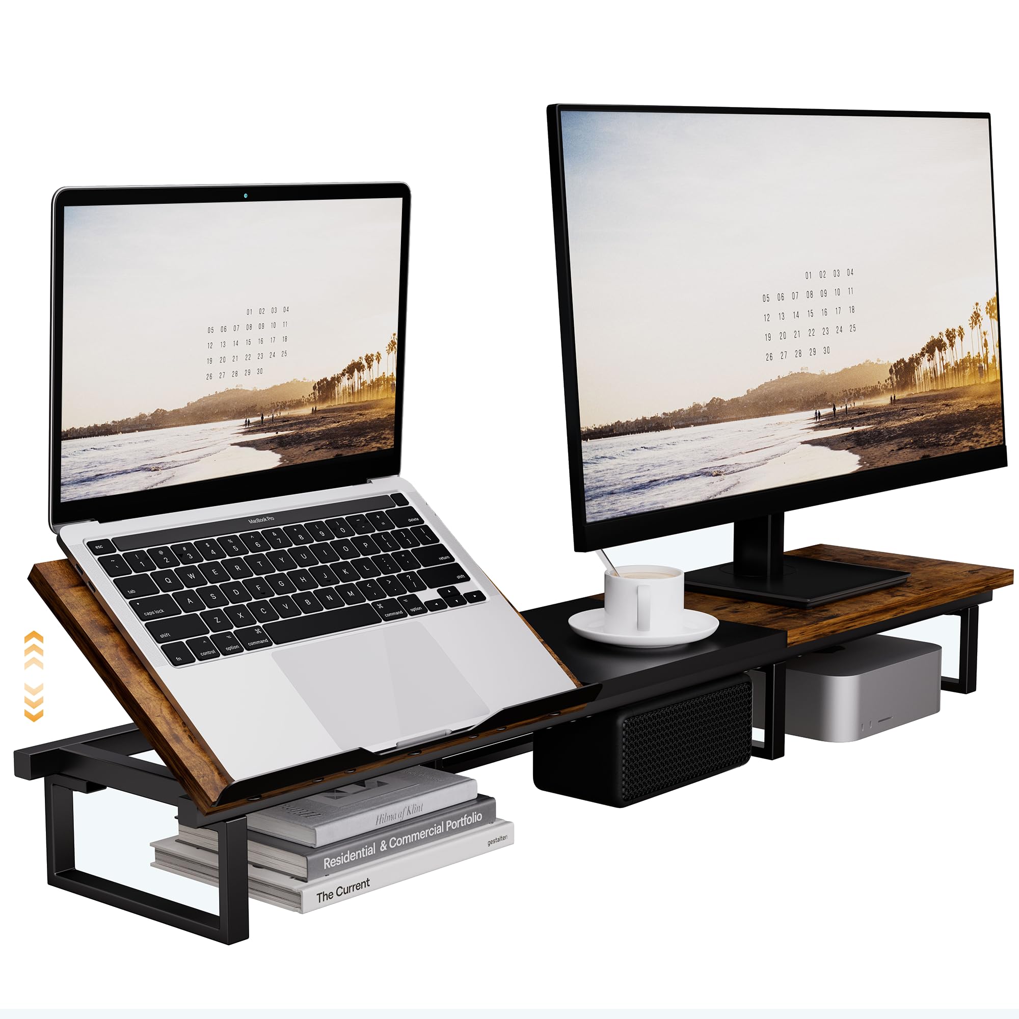Dual Monitor Stand with Adjustable Laptop Riser - Ergonomic Wooden Desk Stand for 2 Monitors, 7-Angle Adjustable Laptop Holder, Rustic Brown Metal Legs for Home Office Setup