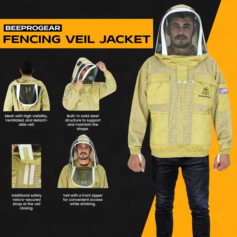 BeeProGear 3-Layer Ultra Mesh Beekeeping Jacket with Fencing Veil & Sting-Proof Leather Gloves - Unisex Protective Suit for Beekeepers (Brown, X-Small) | Ideal for Honey Harvesting, Hive Inspection & Outdoor Beekeeping Activities
