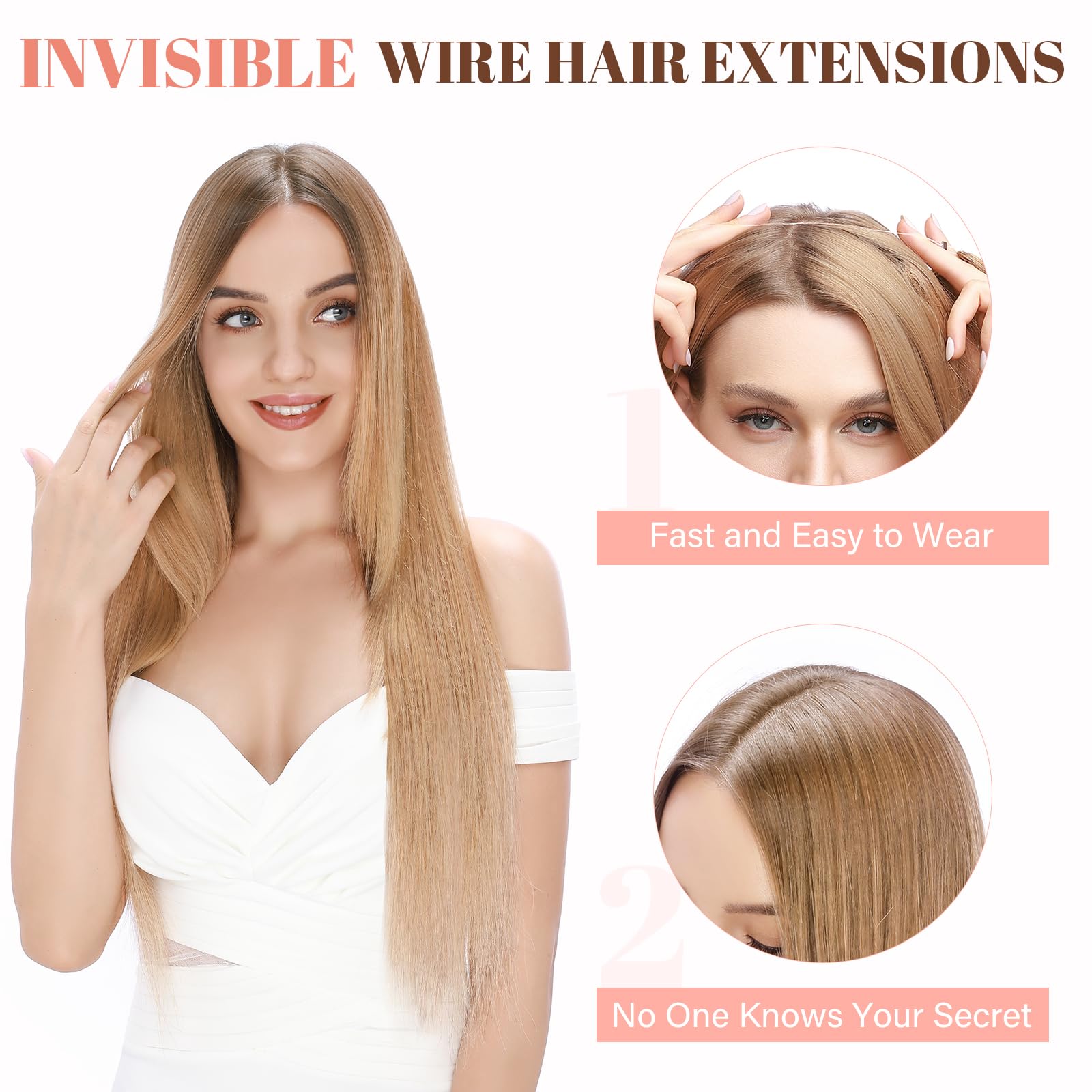 100% Human Hair Extensions - Invisible Wire In Hair Piece with Transparent Rubber Band & 2 Clips - Long Silky Straight Brown 22