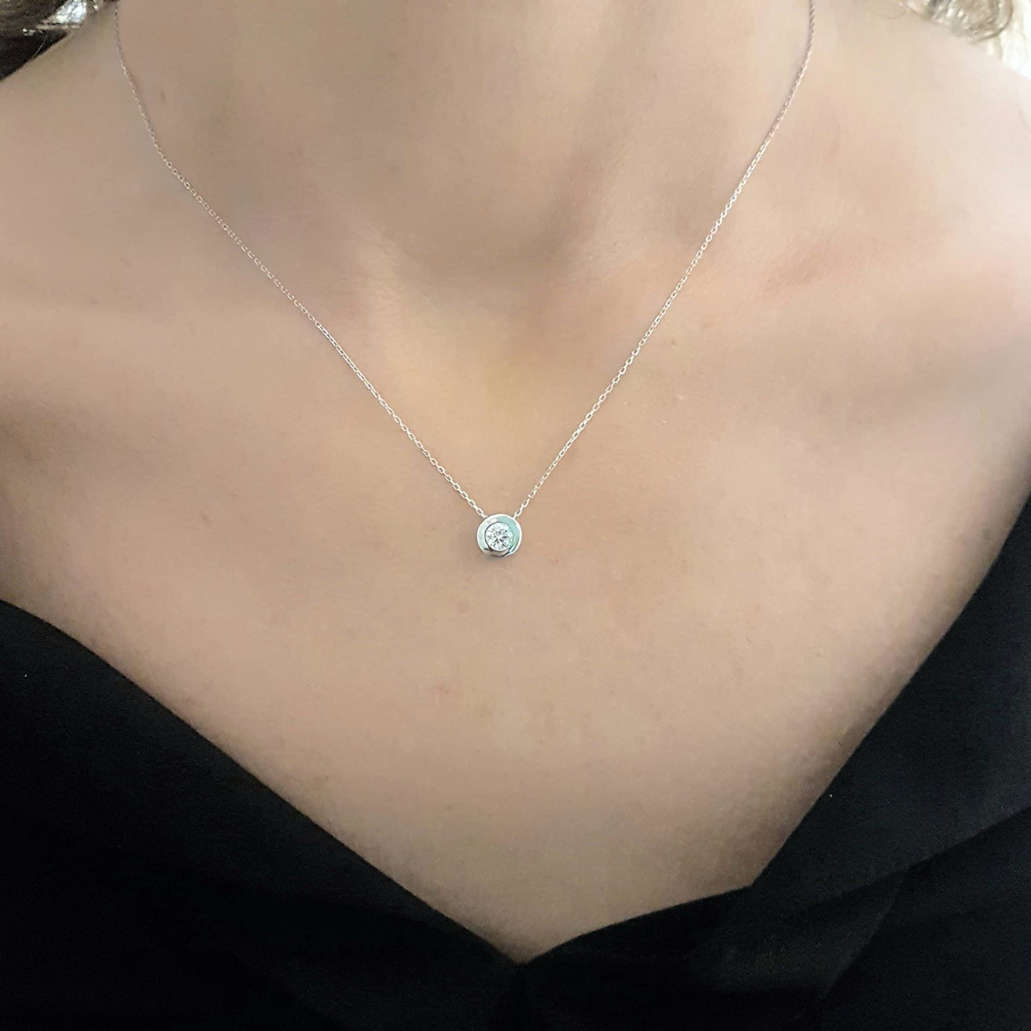 14K Solid Gold Solitaire Necklace for Women - Floating CZ Bezel Round Pendant, Minimalist Dainty Jewelry, Gift for Her - Perfect for Weddings, Anniversaries & Everyday Elegance