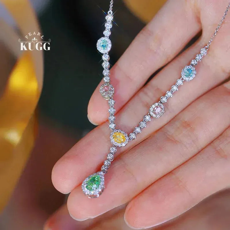 18K White Gold Diamond Necklace for Women - Romantic Rainbow Style with Real Natural Color Diamonds | High Engagement Jewelry Gift for Anniversary, Wedding & Special Occasions