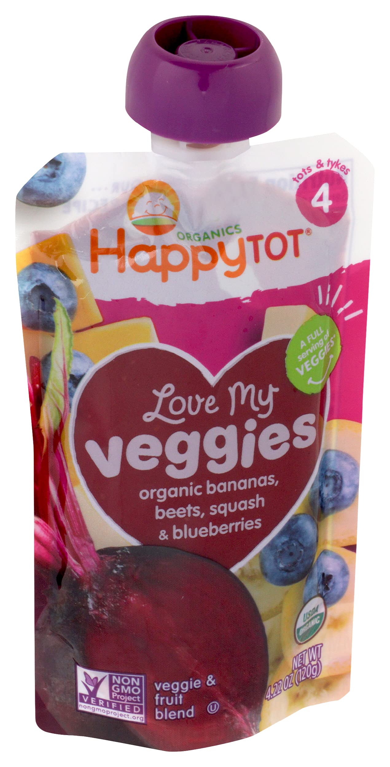 Happy Tot Love My Veggies Stage 4 Organic Baby Food Pouch - Banana Beet Squash & Blueberry Blend (4.22 oz) | USDA Certified Organic Toddler Snacks | Fruit & Vegetable Puree for Kids | Perfect for On-the-Go Meals, Daycare Lunches & Healthy Snacking
