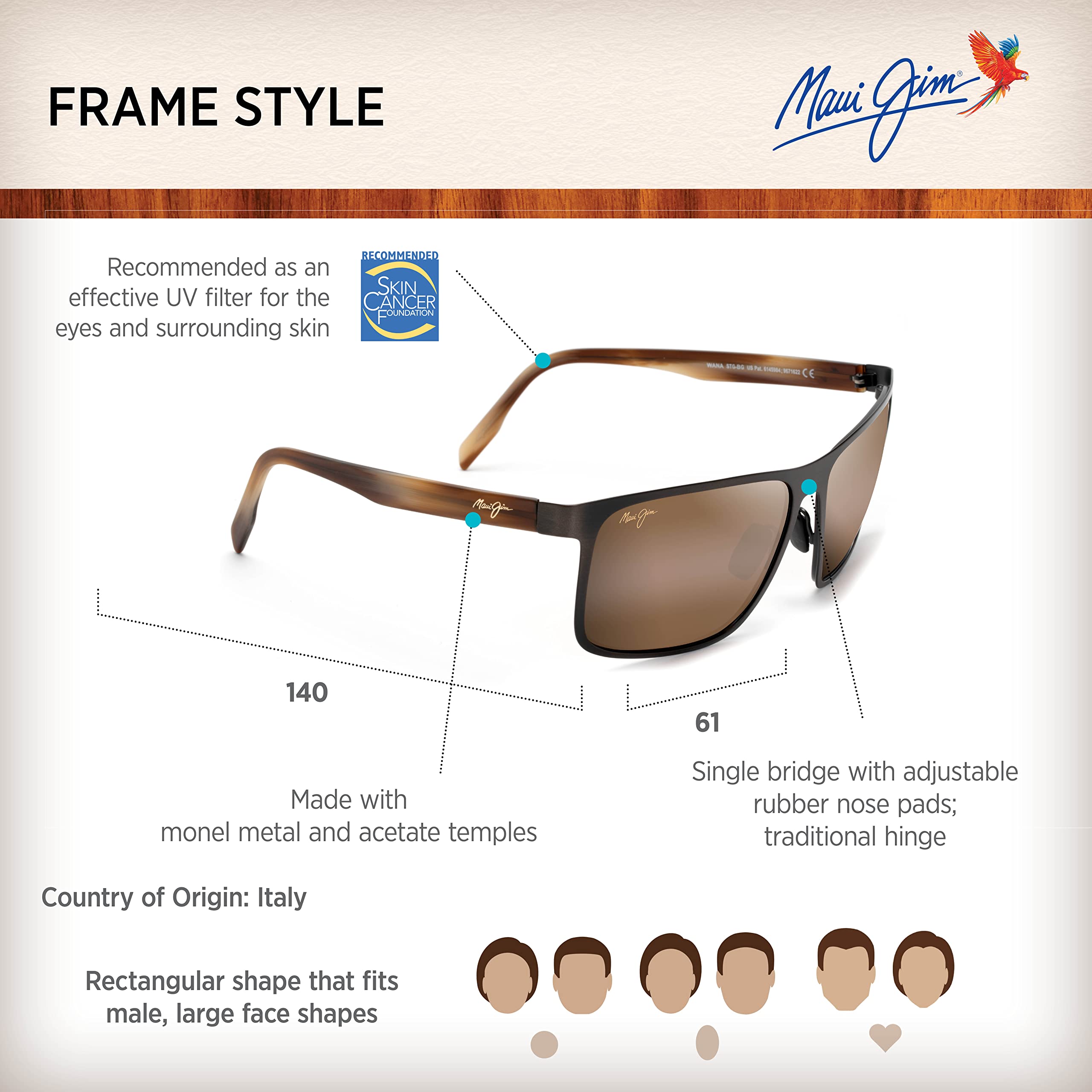 Maui Jim Men's Wana Polarized Rectangular Sunglasses – UV Protection, Lightweight & Stylish for Outdoor Activities, Driving, Beach & Travel