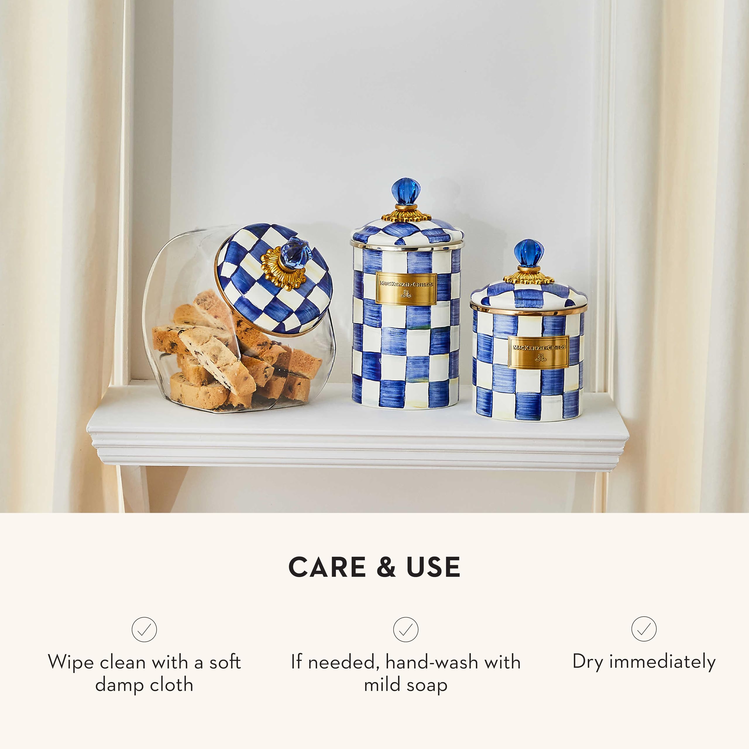 MACKENZIE-CHILDS Large Enamel Canister - 1.89L Kitchen Storage Container for Flour, Sugar & Dry Goods - Blue & White Royal Check Design - Perfect for Pantry Organization & Farmhouse Decor