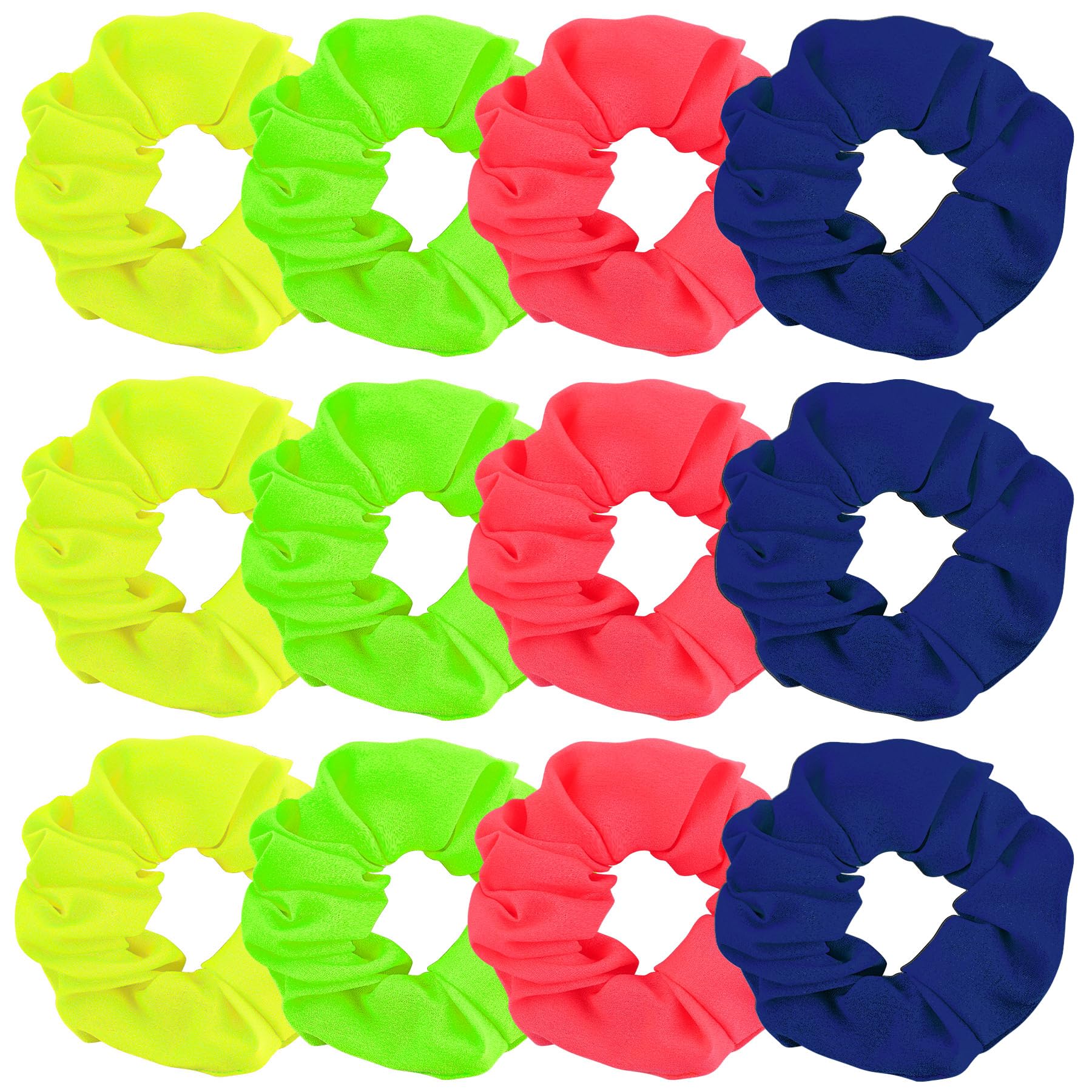 80s 90s Style Neon Hair Scrunchies - 12 Pack Elastic Hair Ties for Women & Girls (Yellow, Green, Pink, Blue) | Perfect for Workouts, Yoga, School & Retro Fashion Accessories
