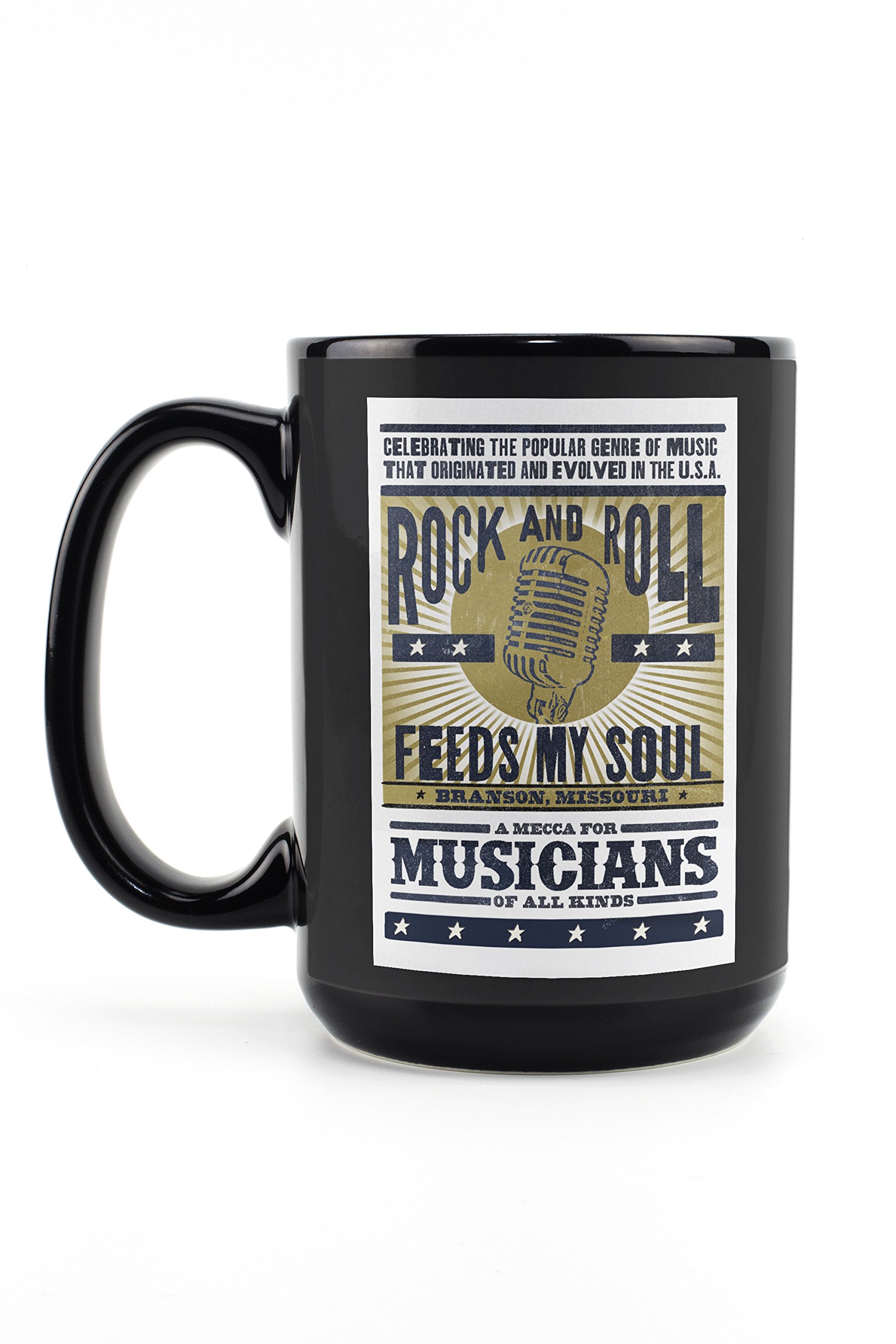 Lantern Press Branson Missouri Microphone Blue & Gold Screenprint 15oz Black Ceramic Mug - Dishwasher & Microwave Safe Coffee Tea Cup - Perfect for Office, Home & Gifts