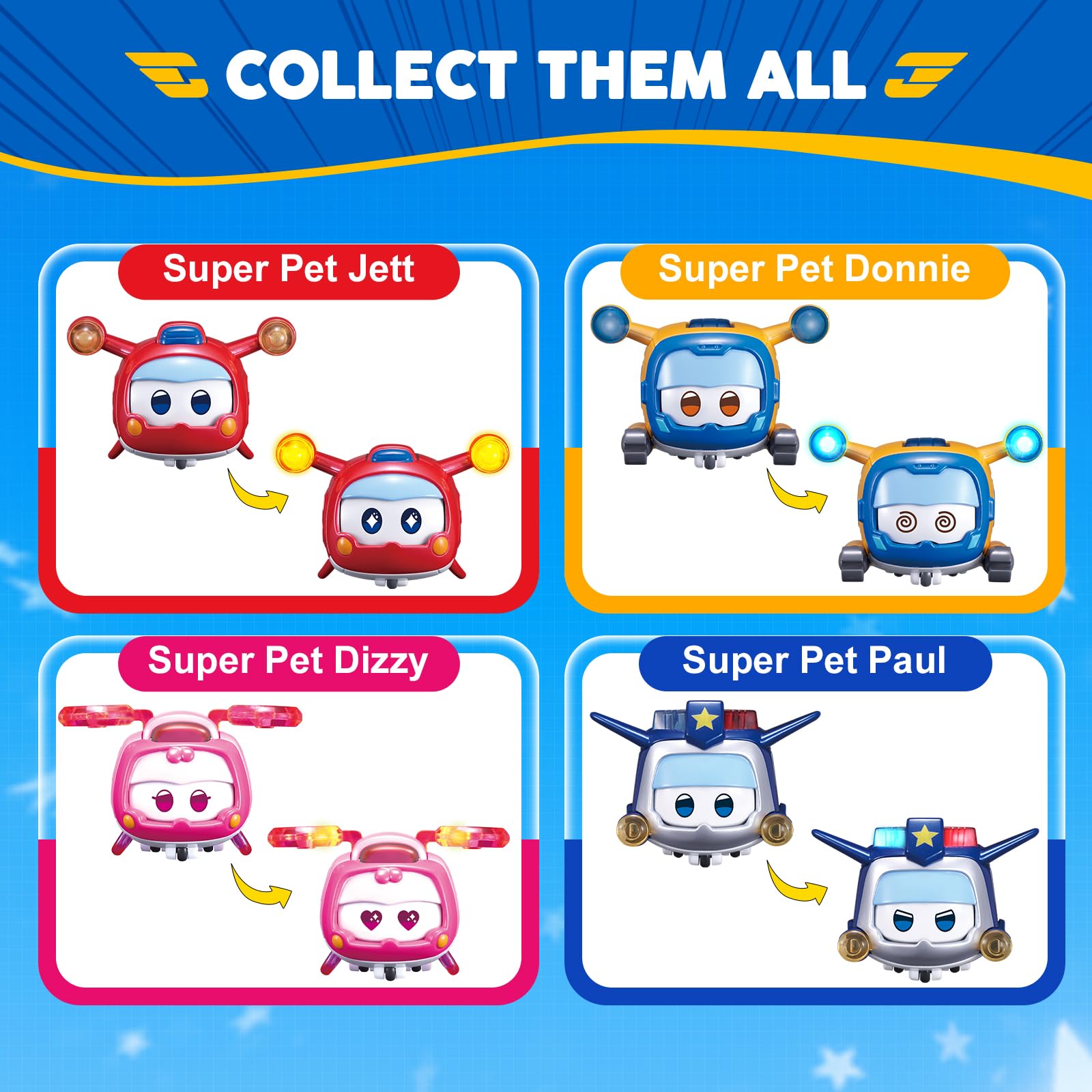 Super Wings Toys: 4-Piece Glow & Face-Changing Transformable Pet Sets (Jett, Donnie, Paul, Dizzy) - Stacking Toys for Toddlers & Kids Ages 3-7, Perfect for Playtime, Learning, and Gift-Giving