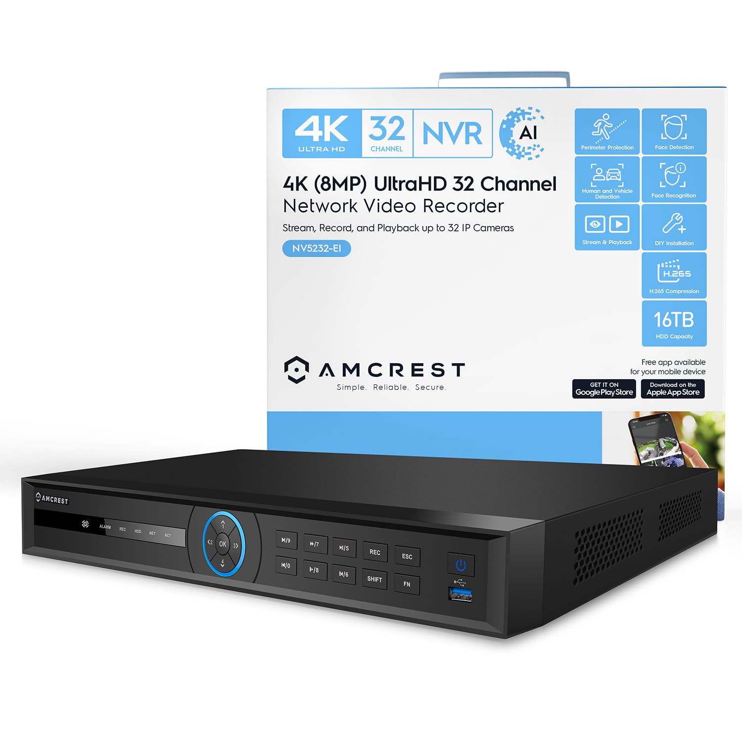 Amcrest 4K NV5232-EI 32CH AI NVR Security System with Facial & Vehicle Detection - Supports 32 x 4K IP Cameras & 2 x 16TB HDD (HDD Not Included) - Ideal for Home Security, Business Surveillance & Smart Office Monitoring