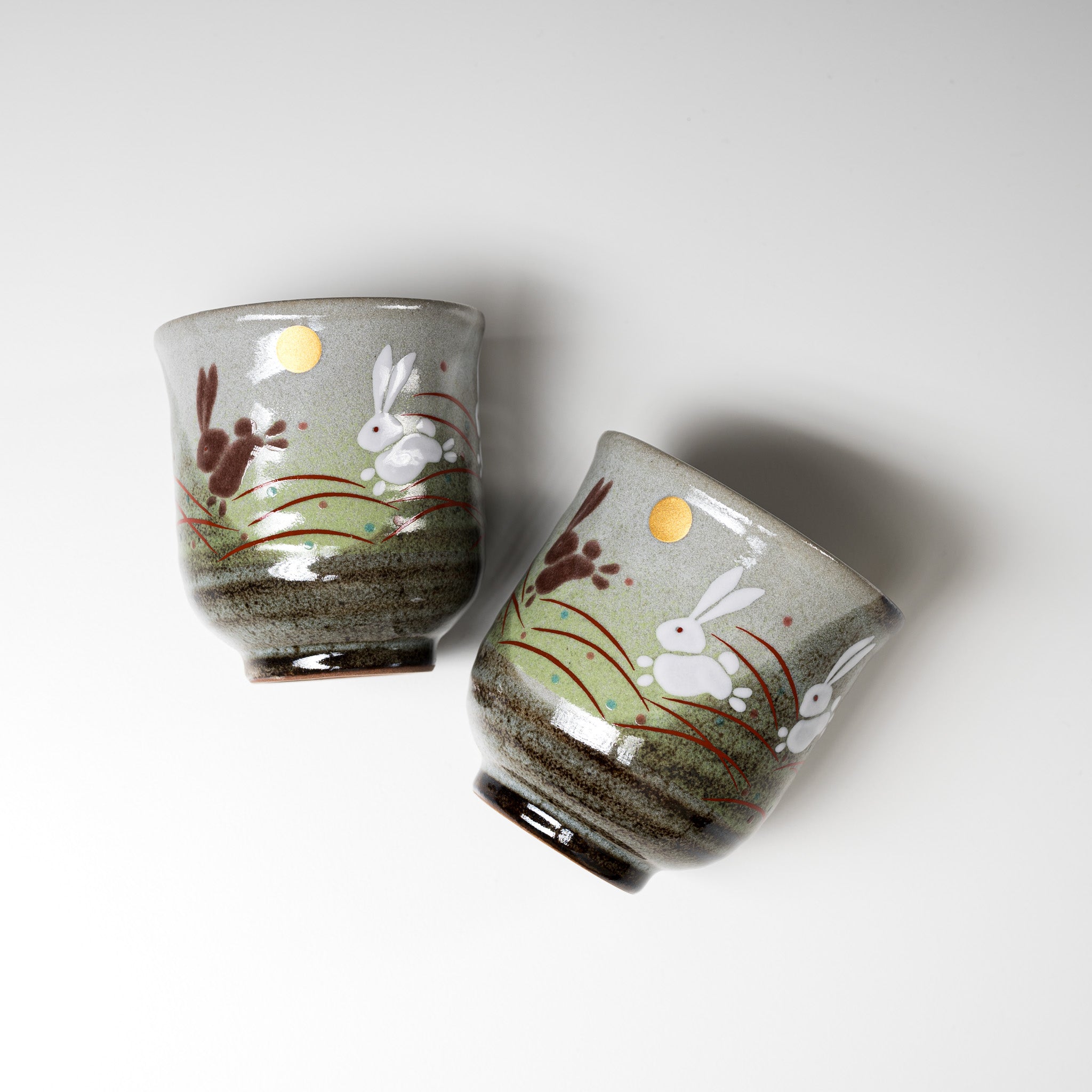 Kutani Ware Japanese Tea Cup Pair - Hand-Painted Jumping Rabbit Design | Traditional Japanese Ceramic Tea Cups for Matcha, Sencha & Daily Use