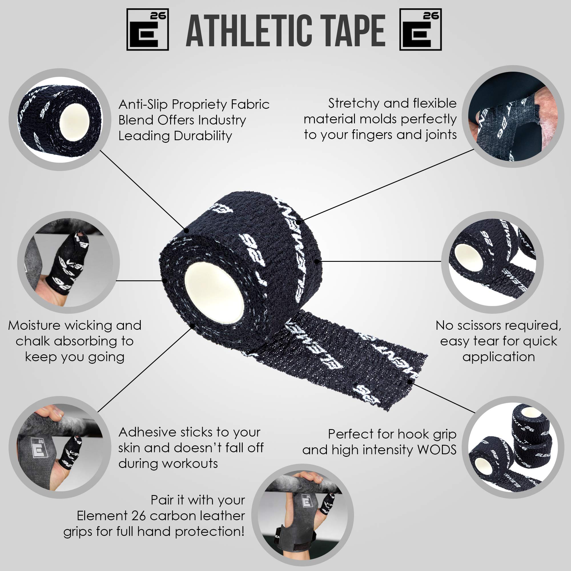 Element 26 Athletic Weight Lifting Tape - Premium Thumb & Finger Protection Tape for CrossFit, Powerlifting & Gymnastics - Black Hook Grip Tape with Sweat-Resistant Adhesive - Ideal for WODs, Boxing, BJJ & Rock Climbing - Stretchy & Sticky Sports Tape for Enhanced Grip & Injury Prevention