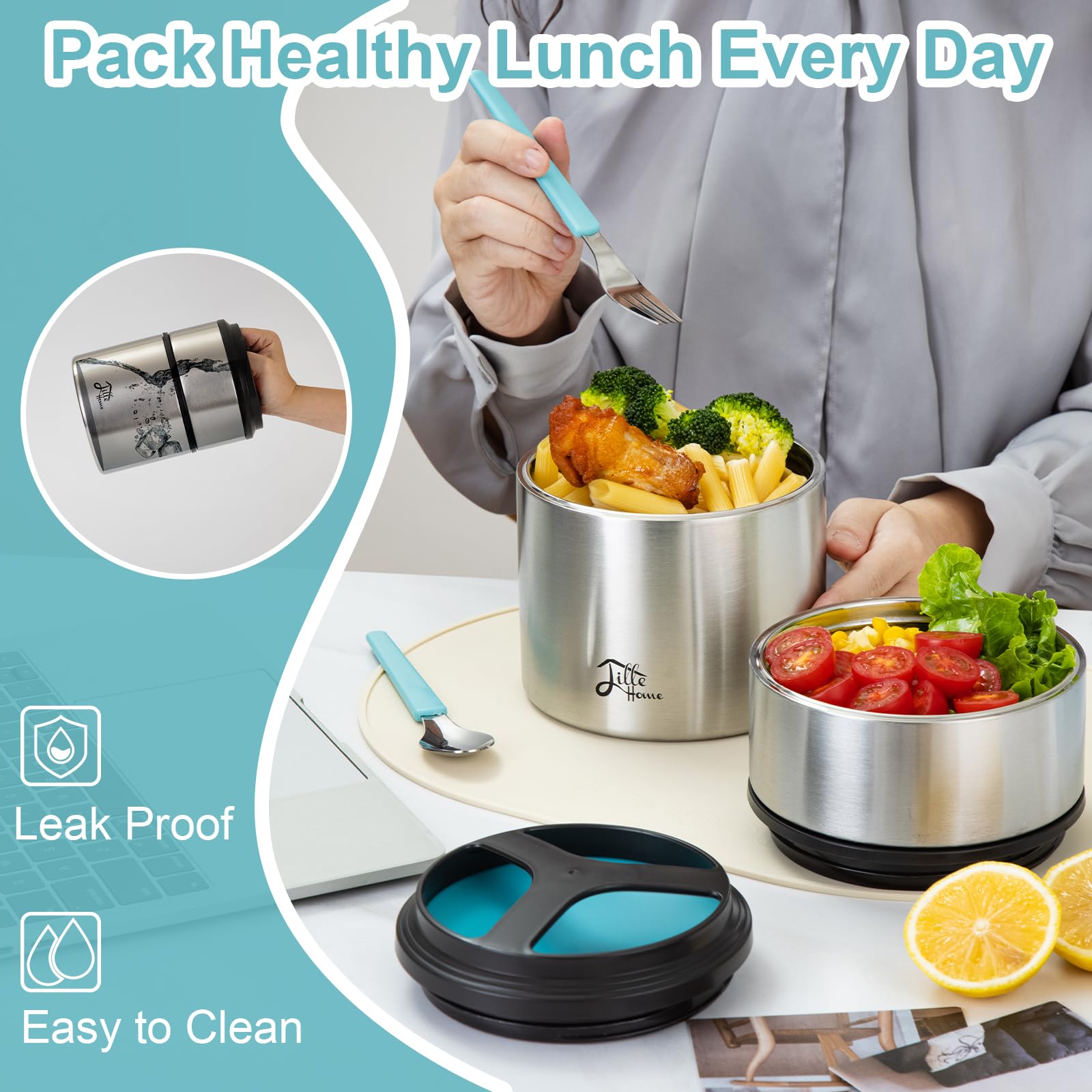 Lille Home 1500ml Stainless Steel Vacuum Insulated Food Thermos - Stackable 2-Tier Lunch/Snack Container for Office, School & Travel (Blue)