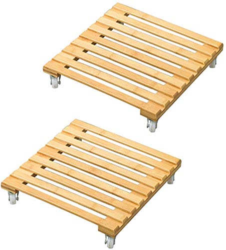 Sogaml 2 Pack Heavy Duty Bamboo Plant Caddy with Wheels - Rustic Square Slatted Rolling Plant Stand for Indoor & Outdoor Use - Perfect for Home, Garden, Patio, and Balcony Decor