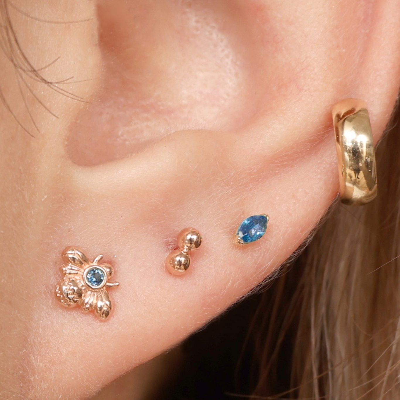 14K Yellow Gold Marquise London Blue Topaz Stud Earrings | Dainty & Elegant Flat Back Design for Everyday Wear & Special Occasions