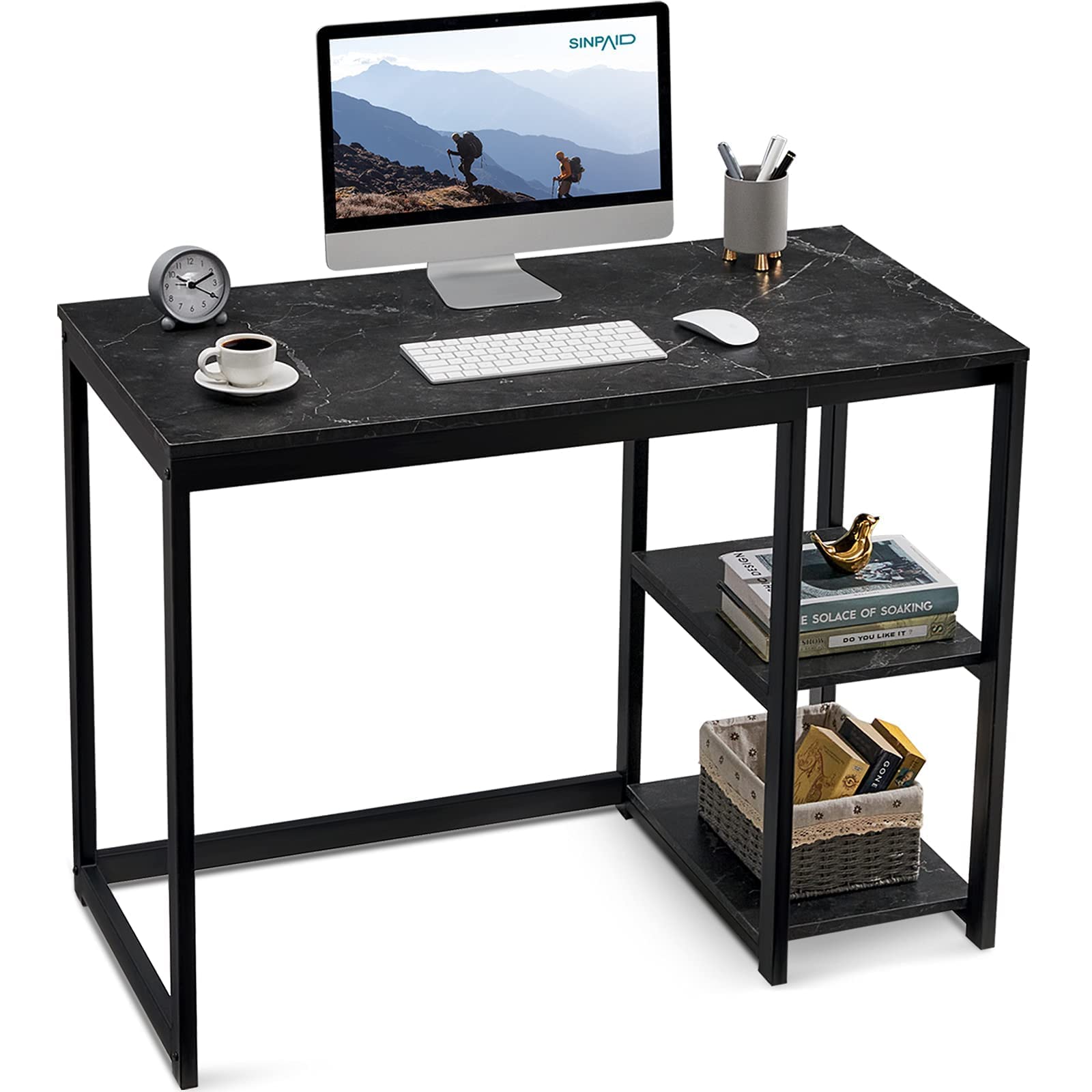 SINPAID 40-Inch Modern Computer Desk with 2-Tier Shelves - Sturdy Home Office Desk, Gaming Desk & Study Table with Large Storage Space - Black Marble Finish - Perfect for Small Spaces, Work from Home & Online Classes