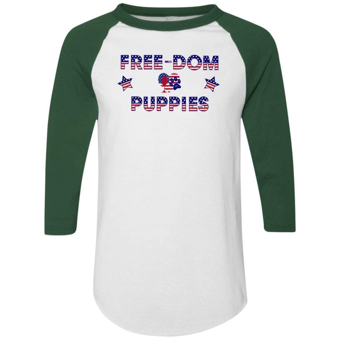 WineyBitches.Co Free Dom Puppies Colorblock Raglan Jersey - Trendy Women's Baseball Tee for Casual Wear, Street Style & Dog Lover Outfits