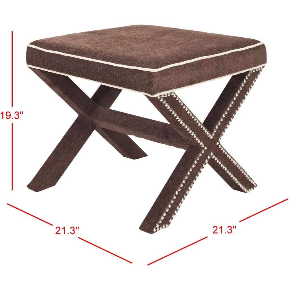 Safavieh Palmer Chocolate Brown X-Bench Ottoman with Silver Nailhead Trim - Stylish Footrest & Extra Seating for Living Room, Bedroom or Entryway