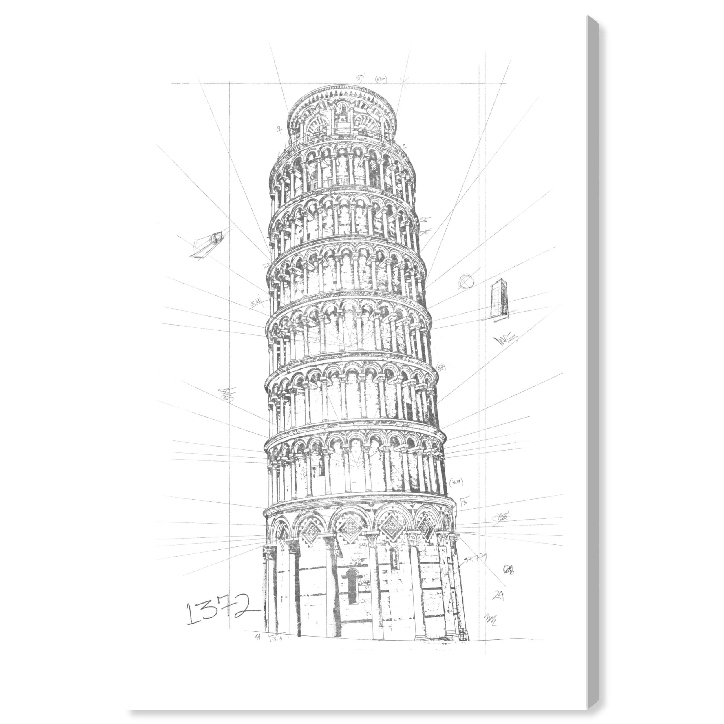 Oliver Gal Artist Co. Tower of Pisa Silver Architecture Wall Art Canvas Print - 24x36 Inch Black & White Modern Home Decor - Perfect for Living Room, Bedroom or Office Wall Decor